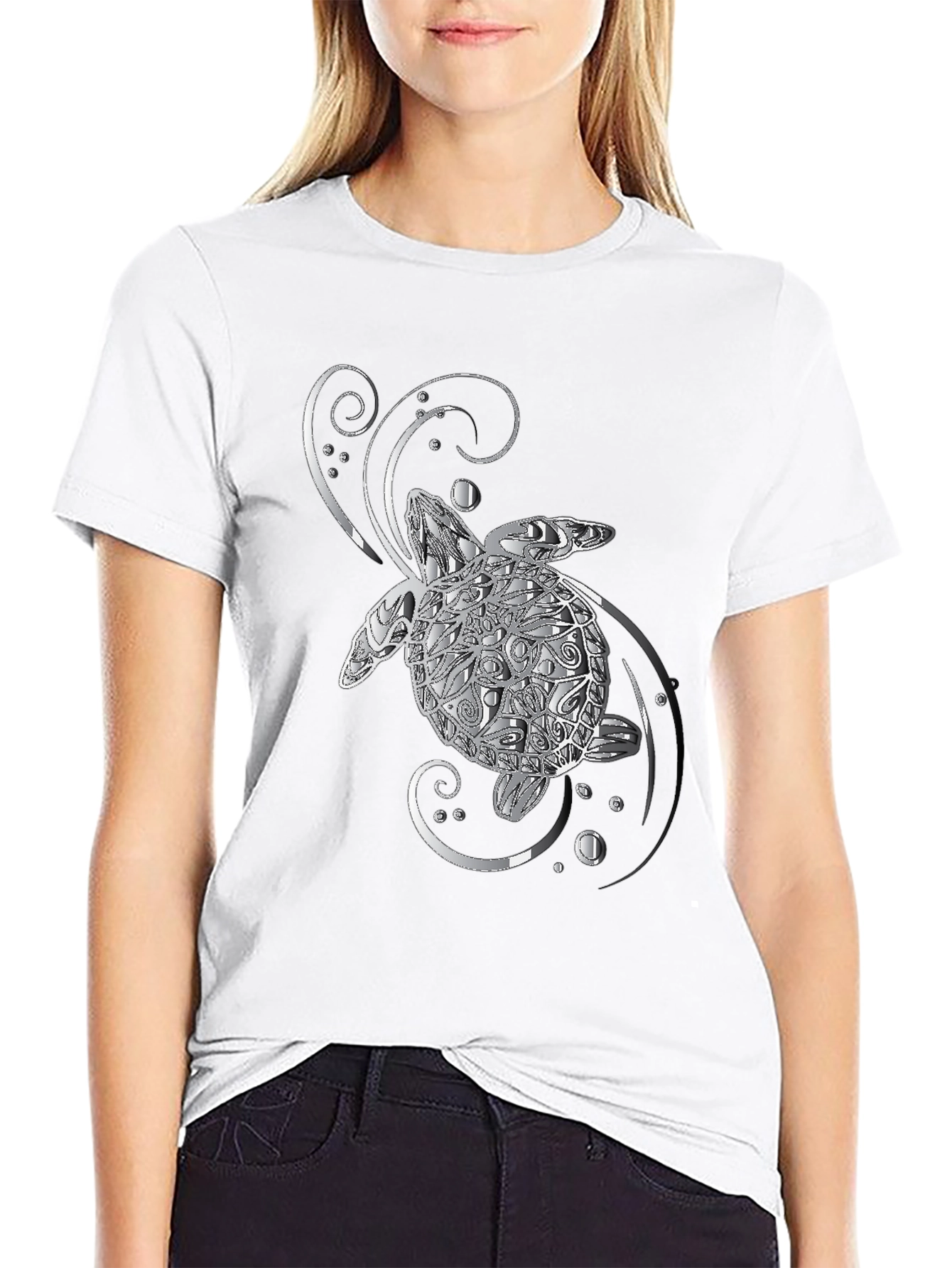 Sea Turtle Graphic T-Shirt - Silver Design on Black