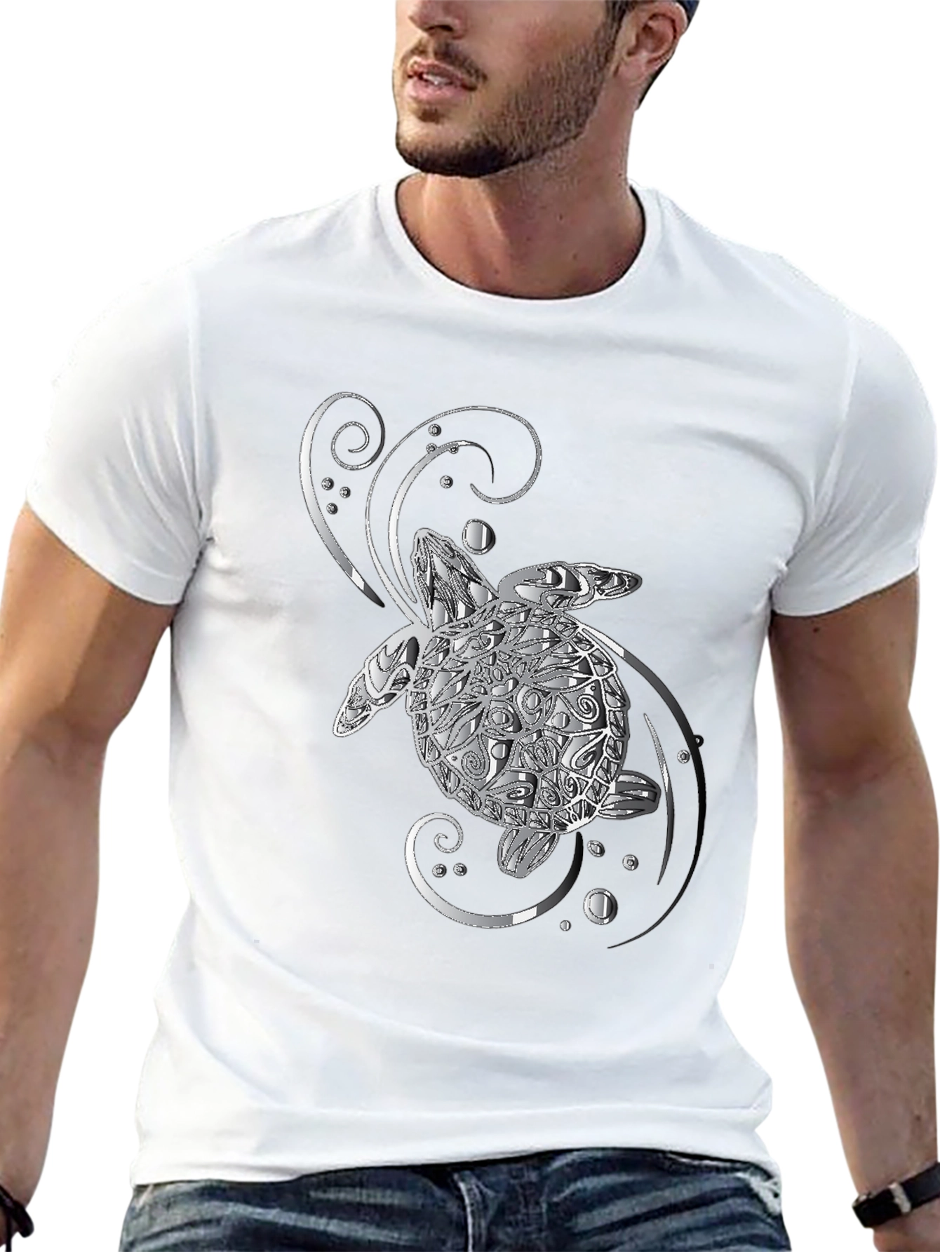 Sea Turtle Graphic T-Shirt - Silver Design on Black