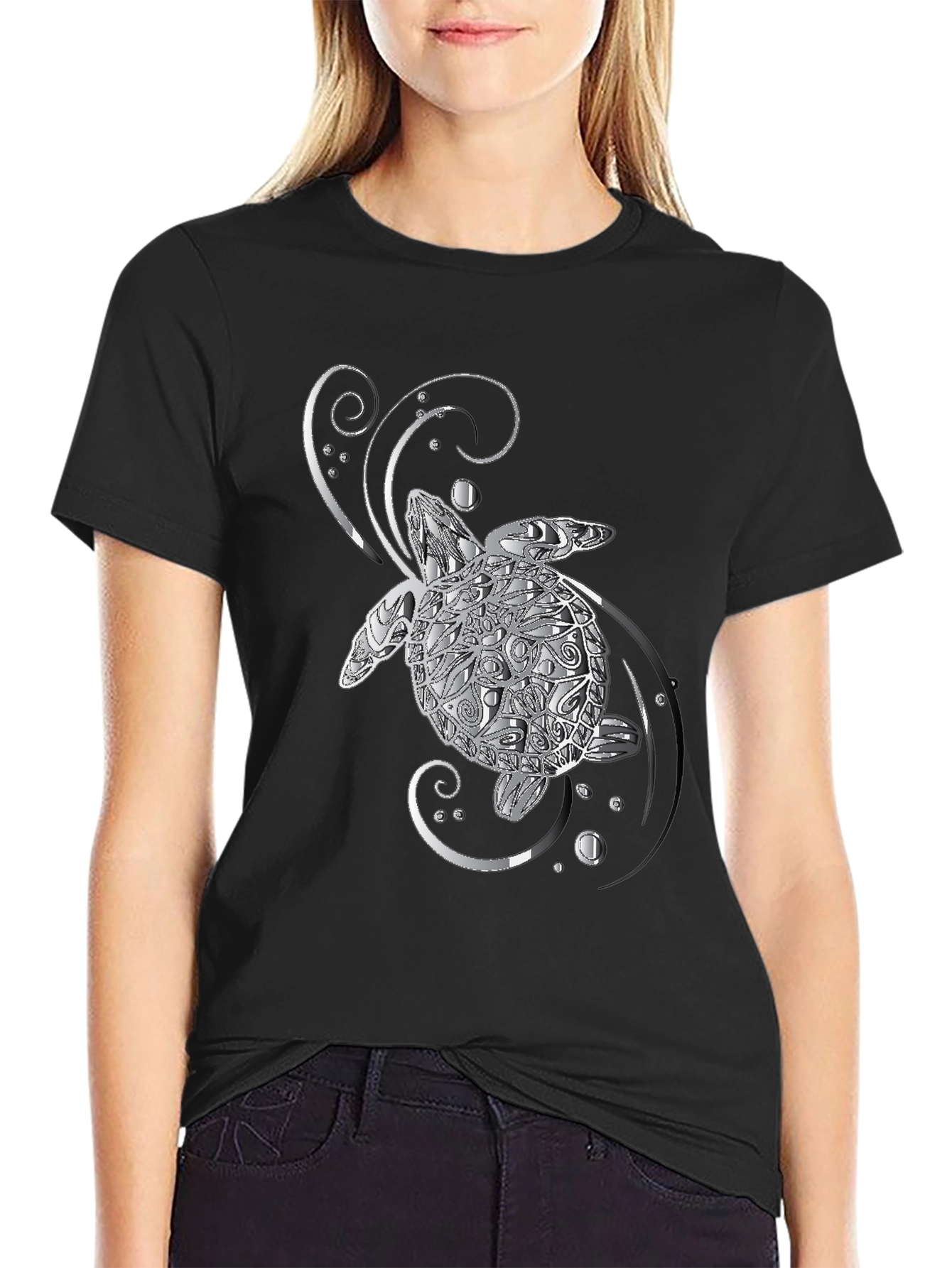 Sea Turtle Graphic T-Shirt - Silver Design on Black