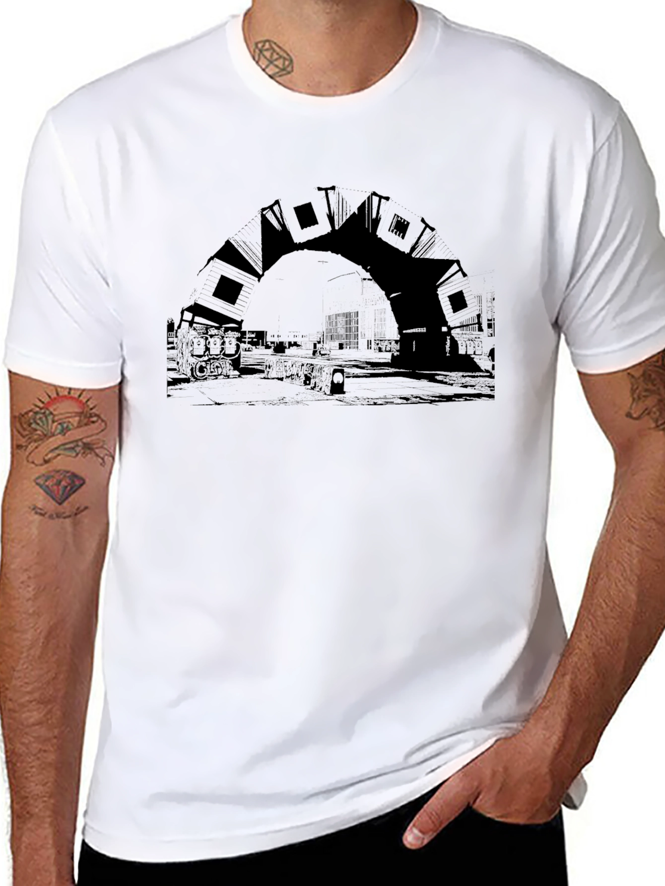 Urban Arch Black Tee - Unique Cityscape Design