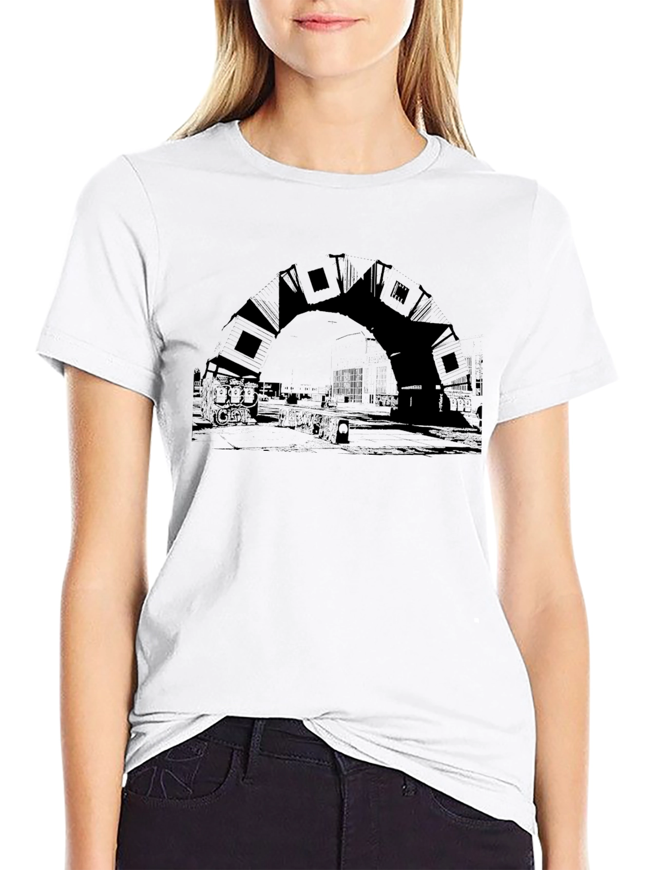 Urban Arch Black Tee - Unique Cityscape Design