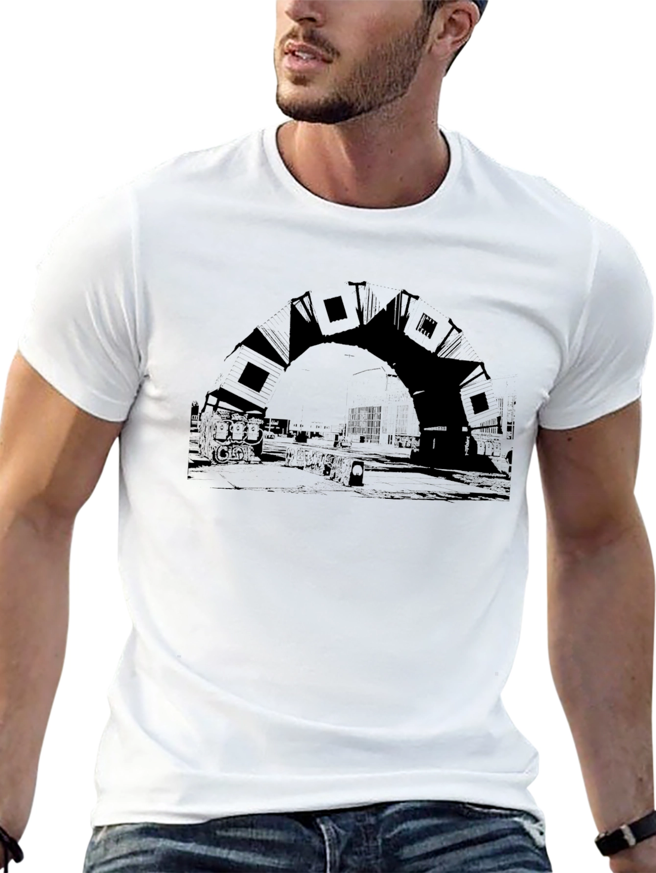 Urban Arch Black Tee - Unique Cityscape Design