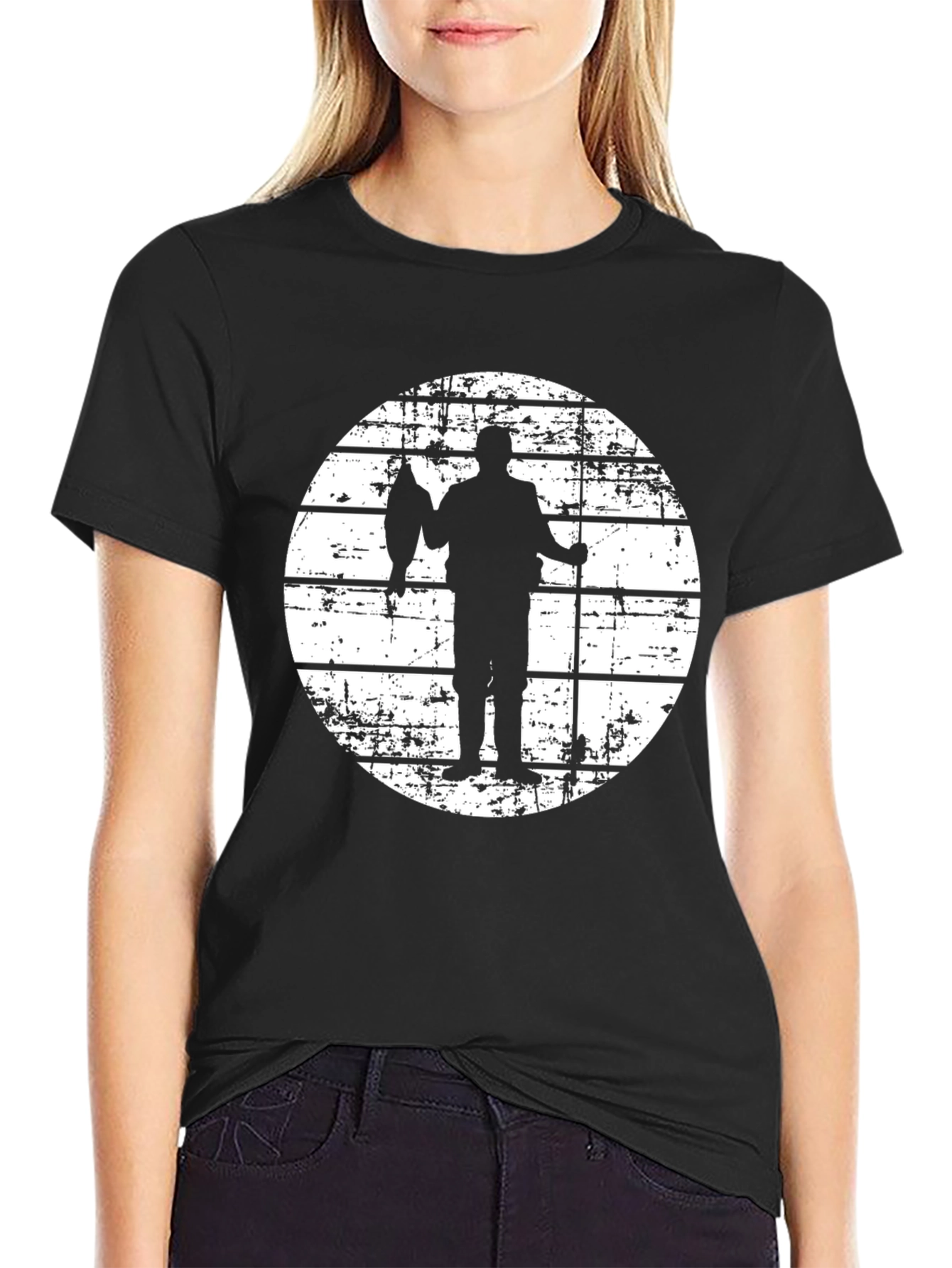 Fisherman Silhouette Graphic Tee - Black Cotton Blend