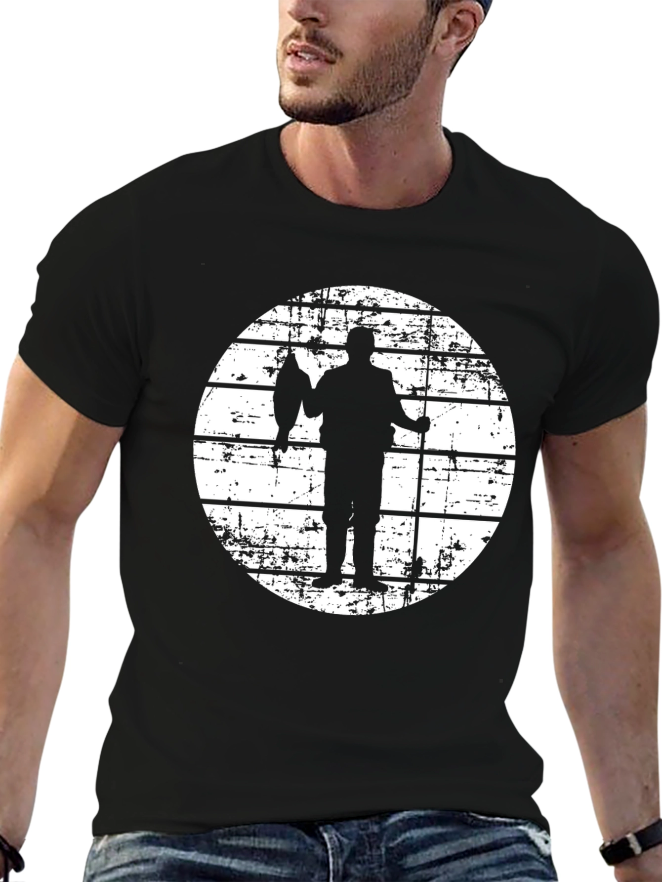 Fisherman Silhouette Graphic Tee - Black Cotton Blend