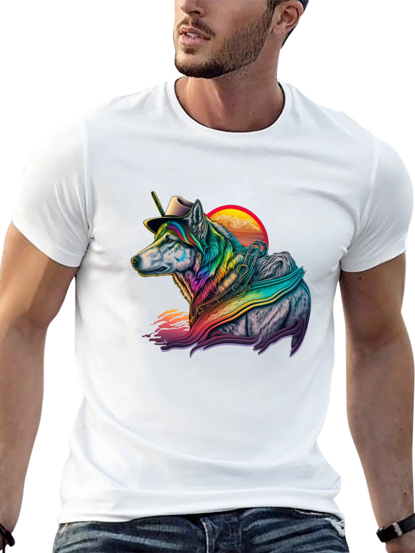 Rainbow Wolf Cowboy Graphic Tee
