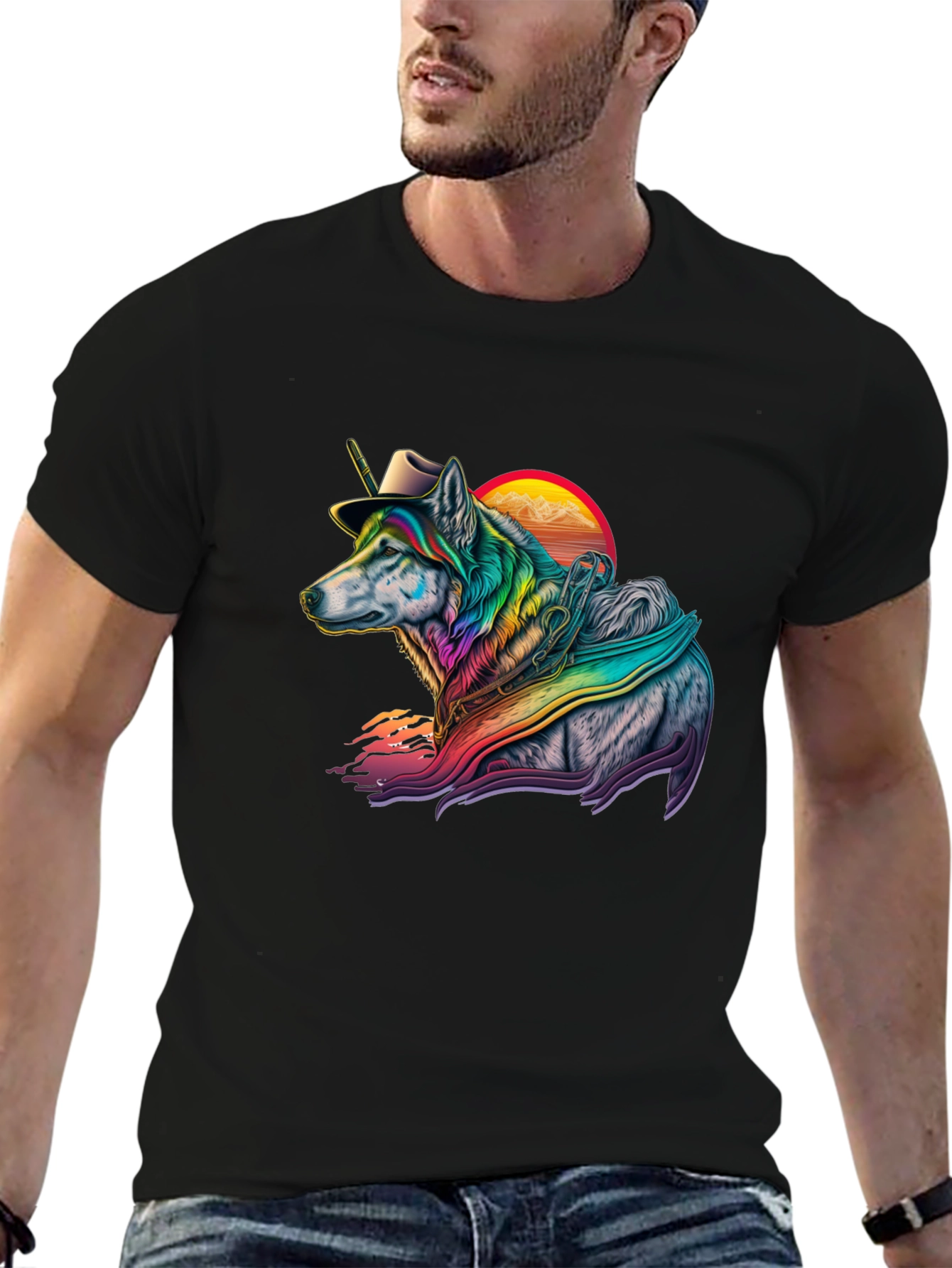 Rainbow Wolf Cowboy Graphic Tee