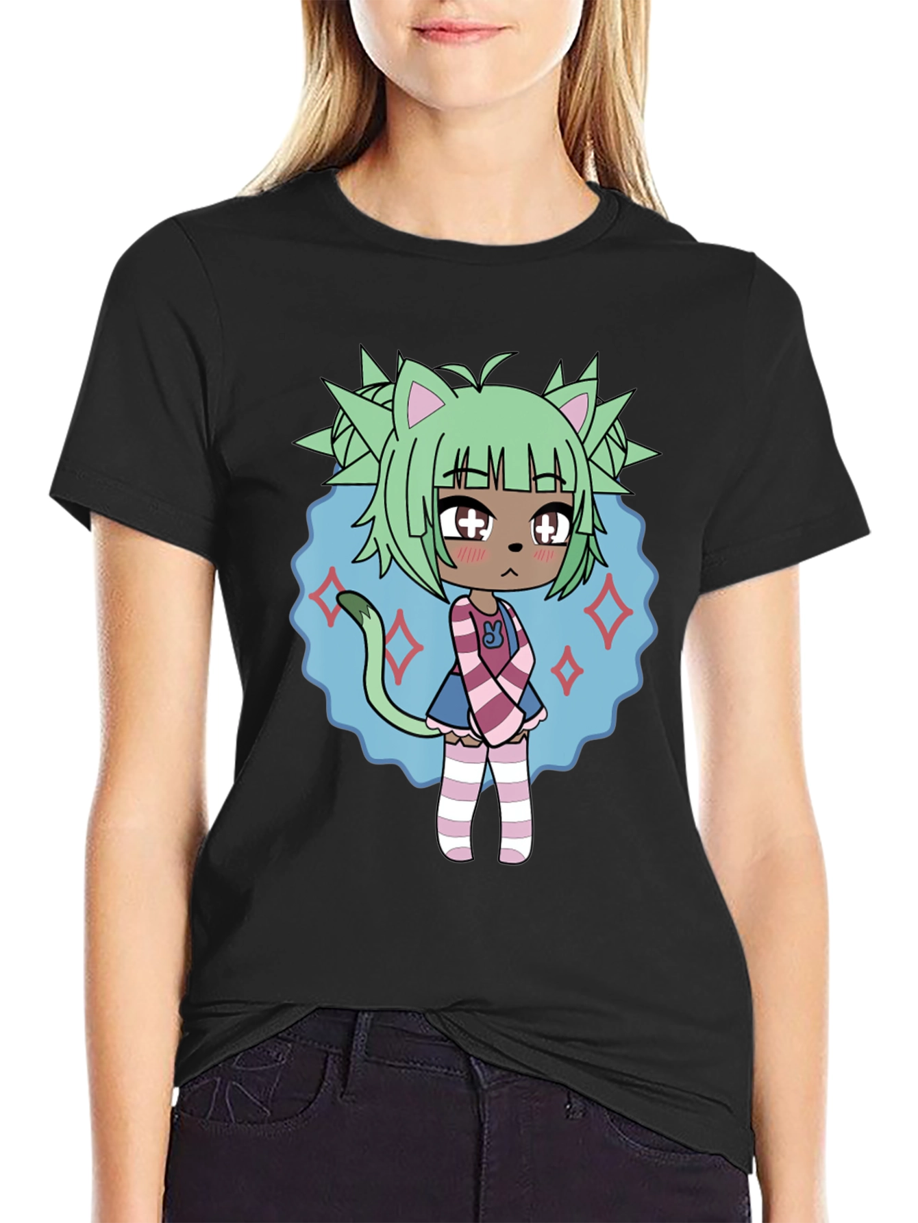 Anime Character Graphic Tee - Black Cotton Blend