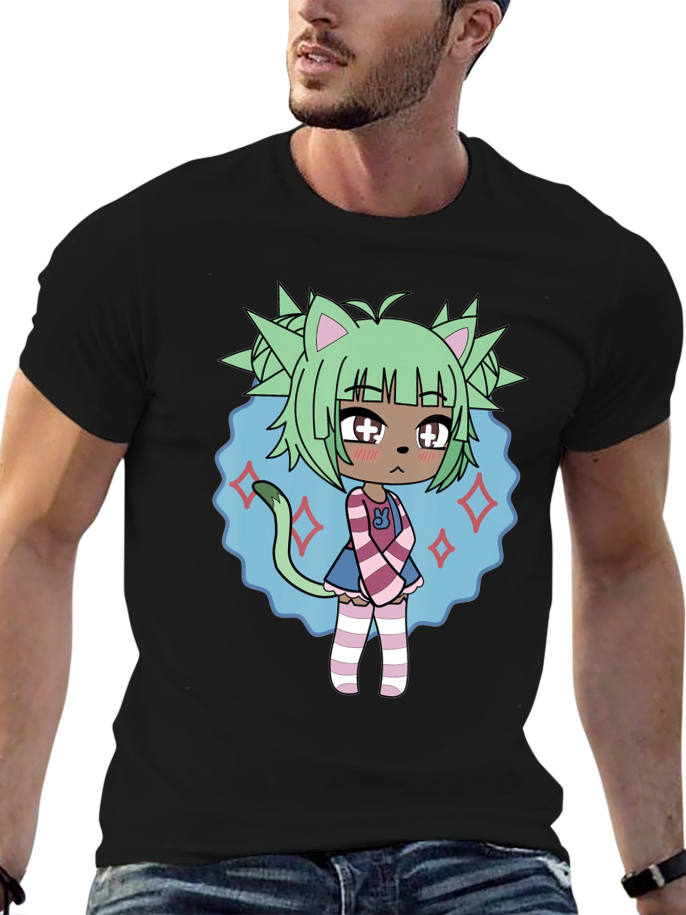Anime Character Graphic Tee - Black Cotton Blend