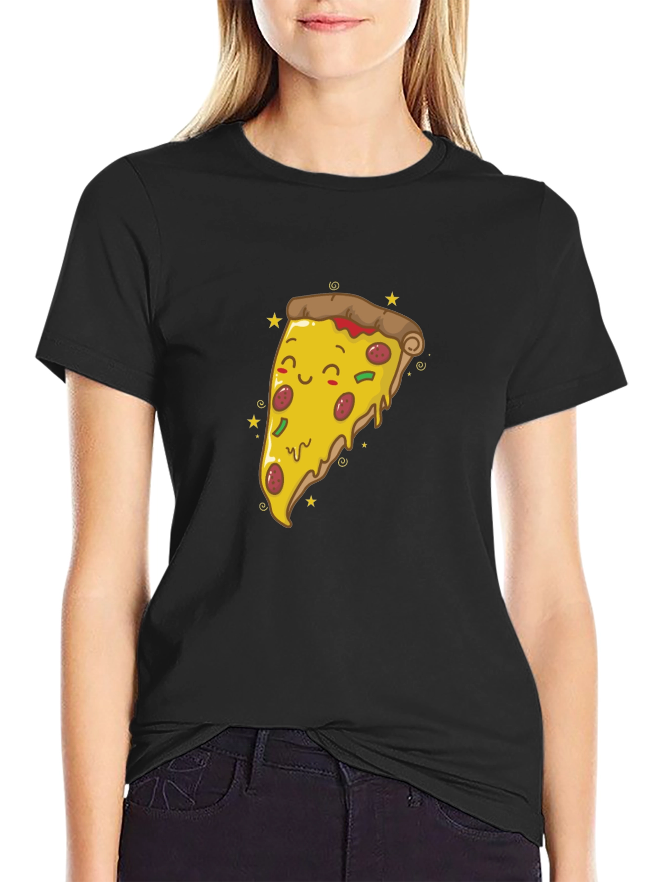 Cute Pizza Slice Graphic Tee - Black T-Shirt