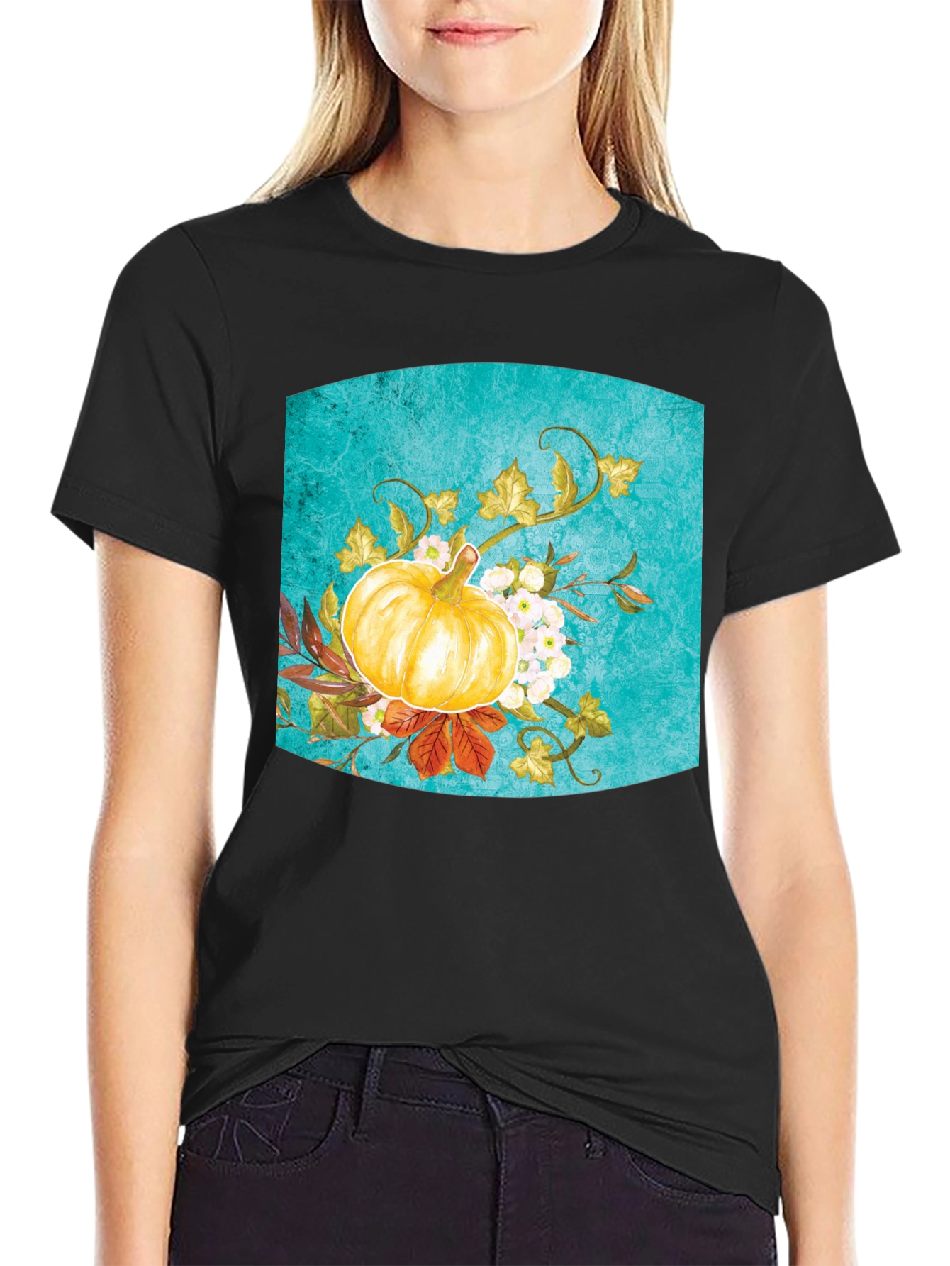 Fall Pumpkin Floral Graphic Tee - Black