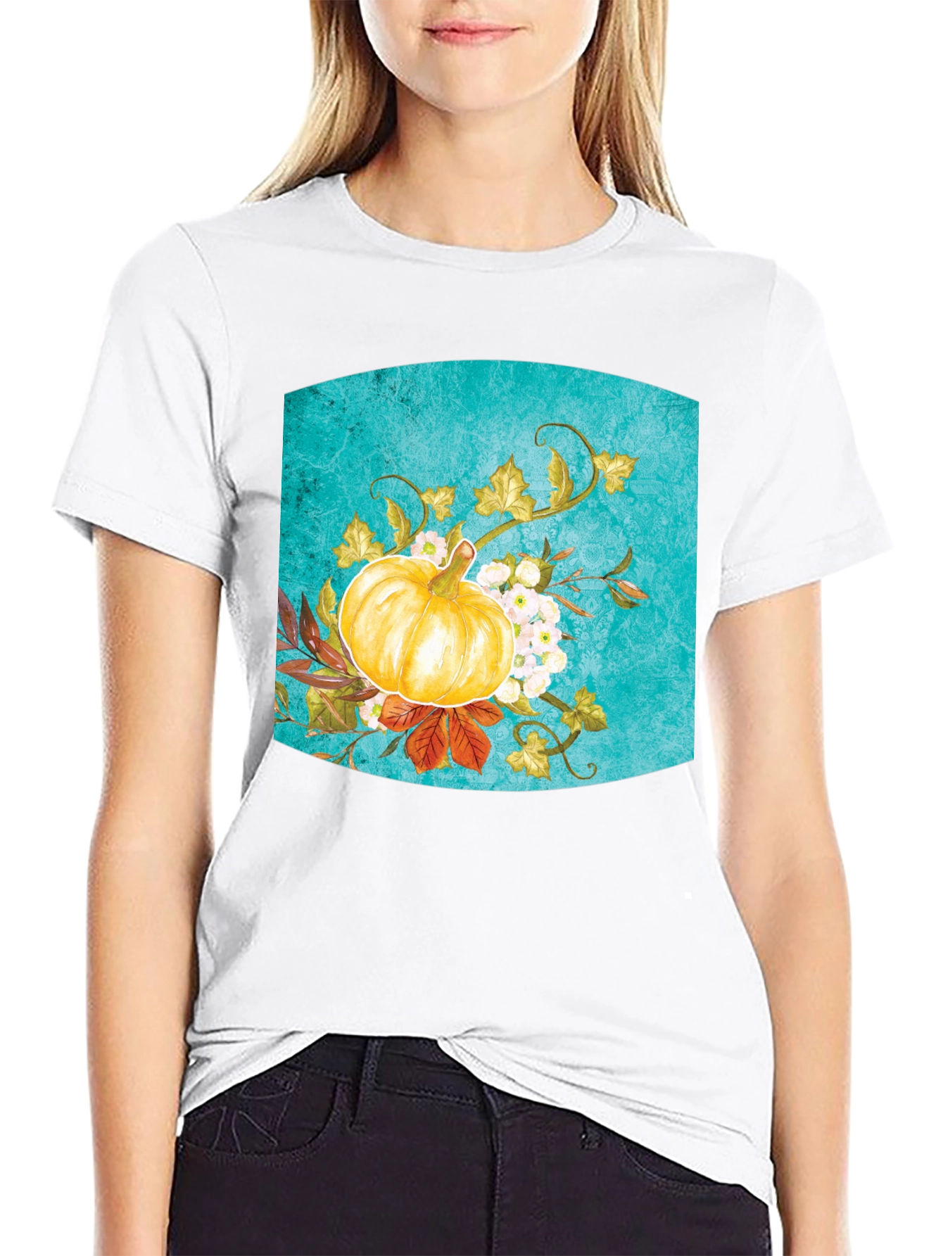 Fall Pumpkin Floral Graphic Tee - Black