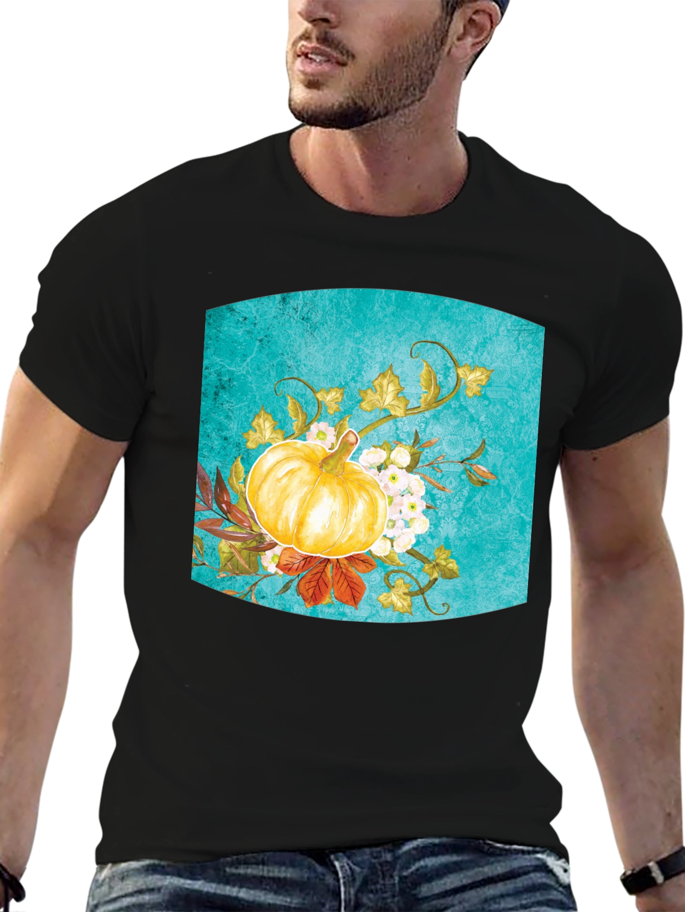 Fall Pumpkin Floral Graphic Tee - Black