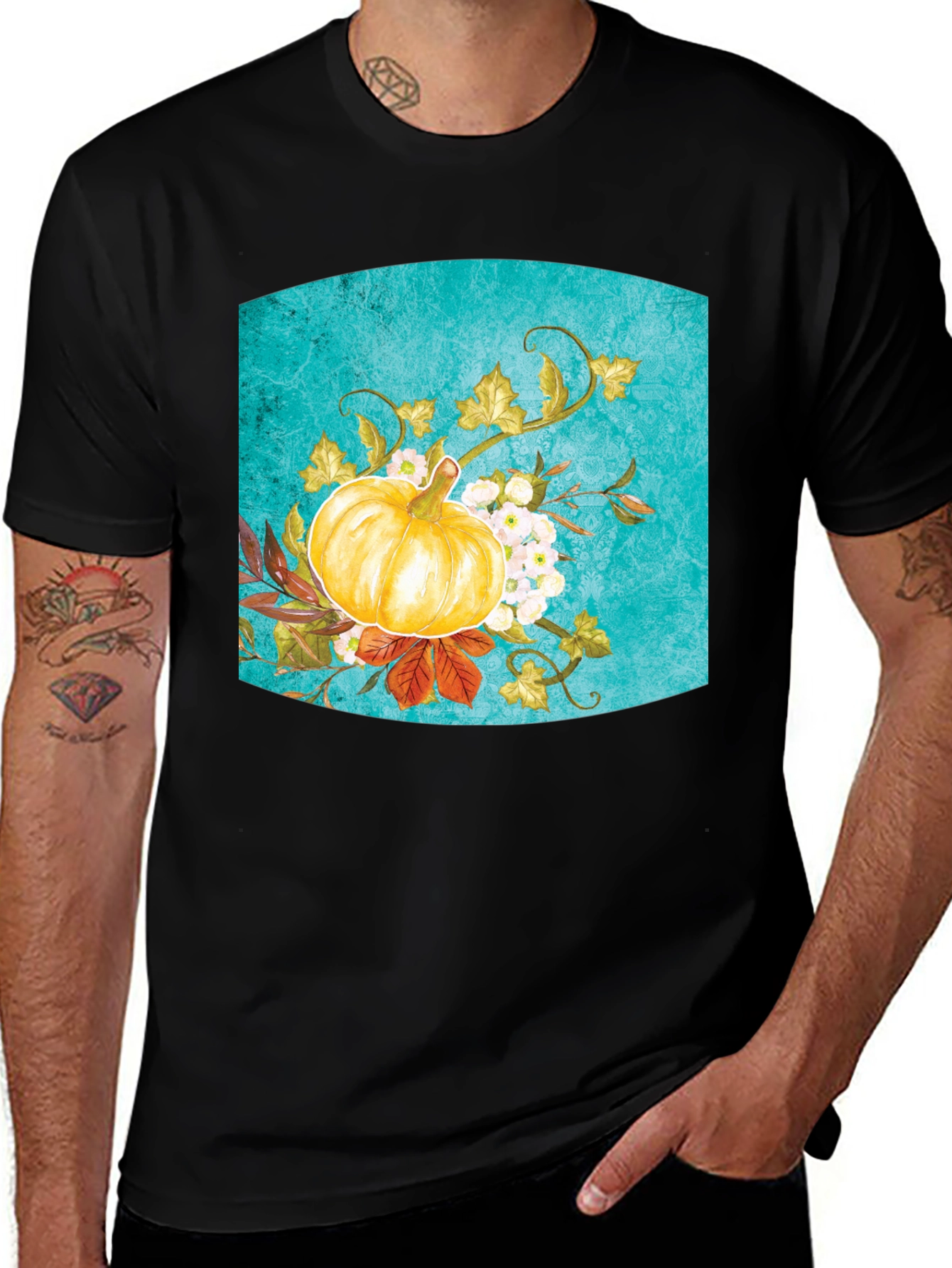 Fall Pumpkin Floral Graphic Tee - Black