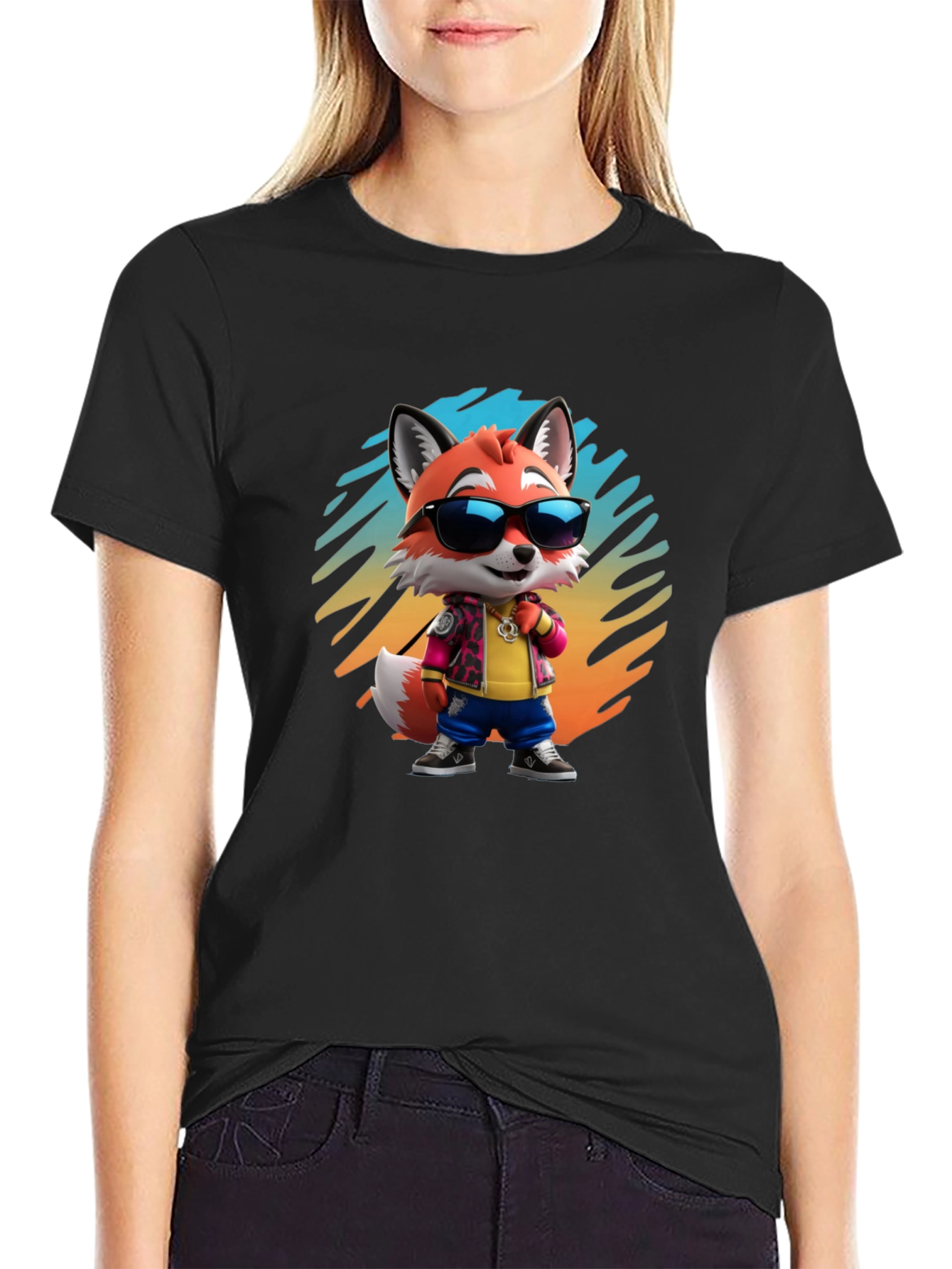 Cool Cartoon Fox T-Shirt - Black Cotton Tee