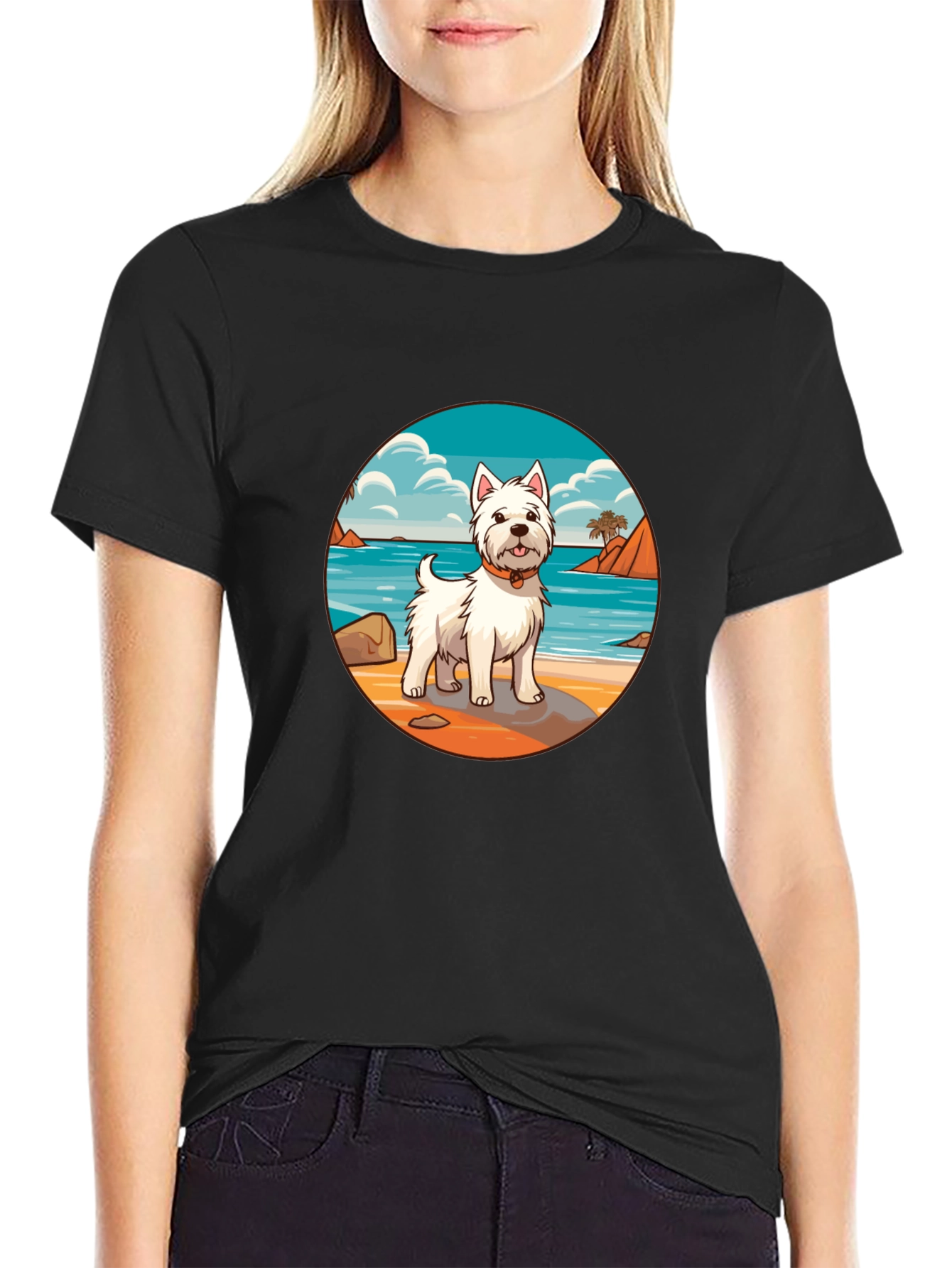 Westie Dog Beach Scene Graphic T-Shirt