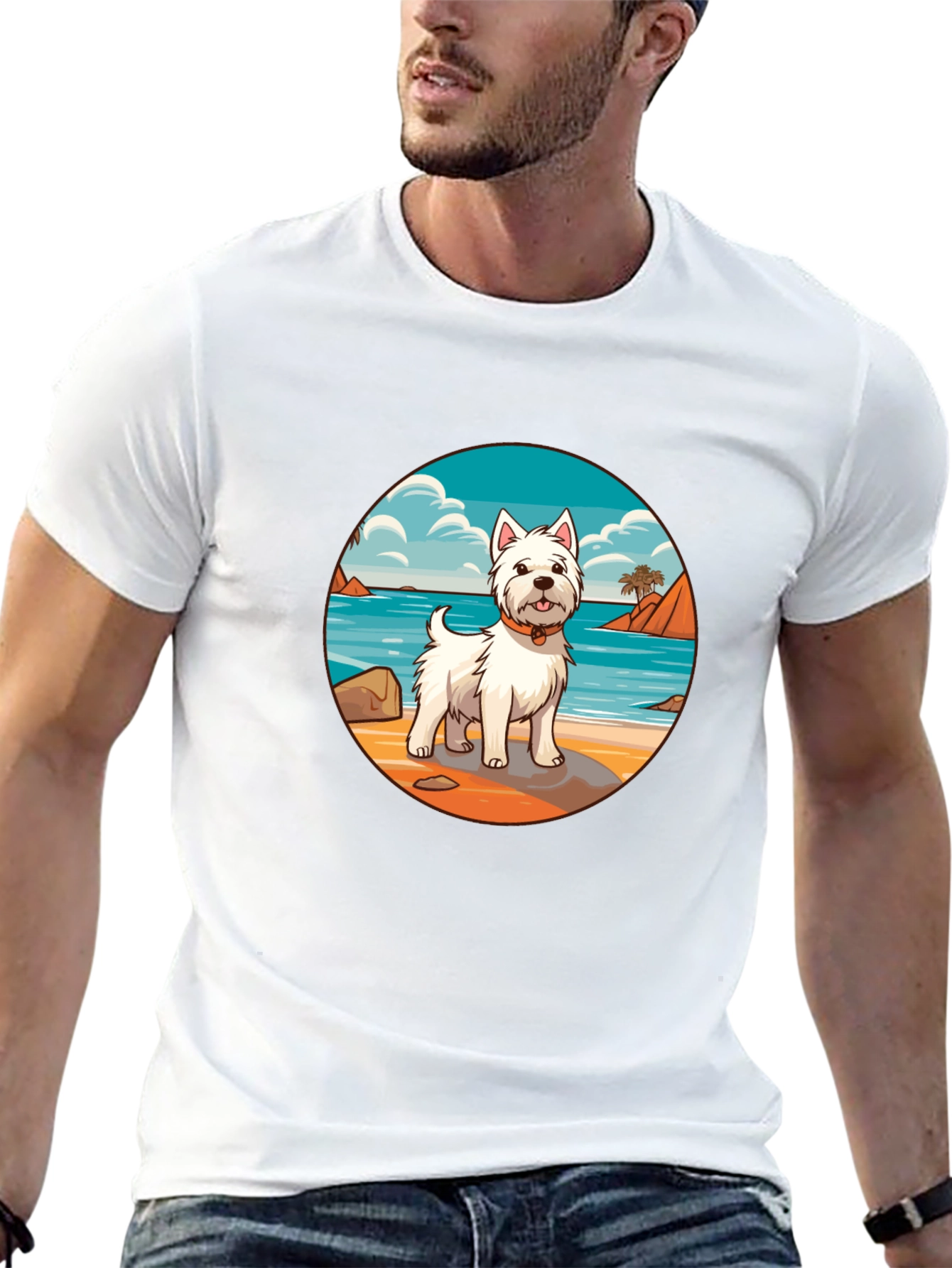 Westie Dog Beach Scene Graphic T-Shirt