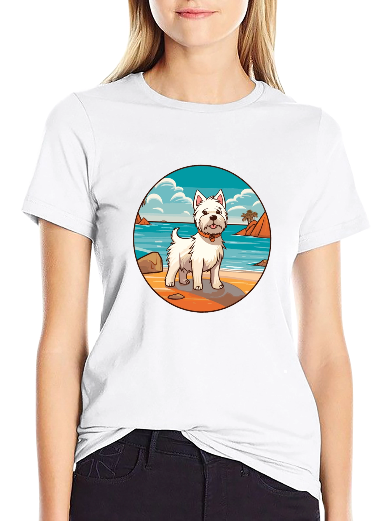 Westie Dog Beach Scene Graphic T-Shirt
