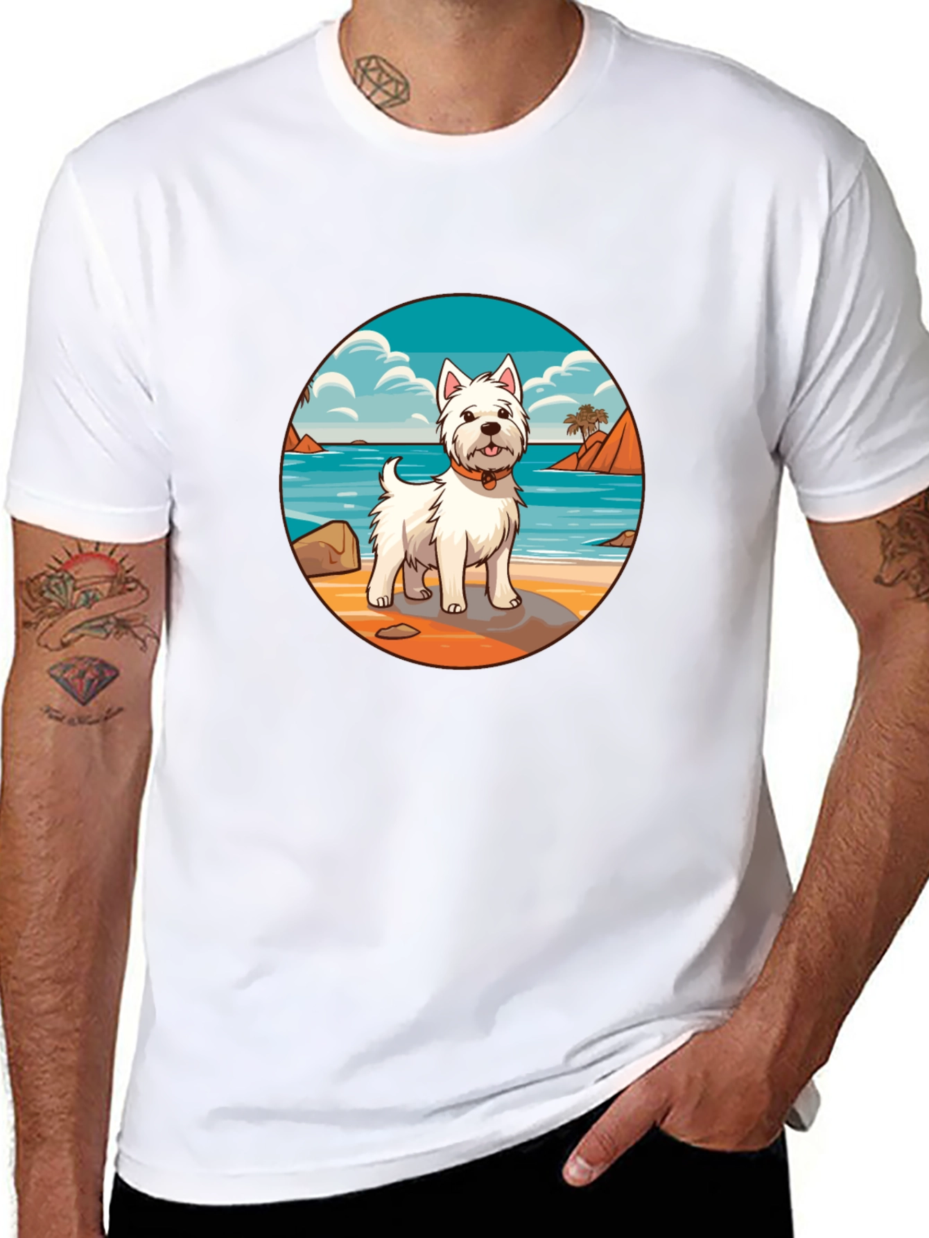 Westie Dog Beach Scene Graphic T-Shirt