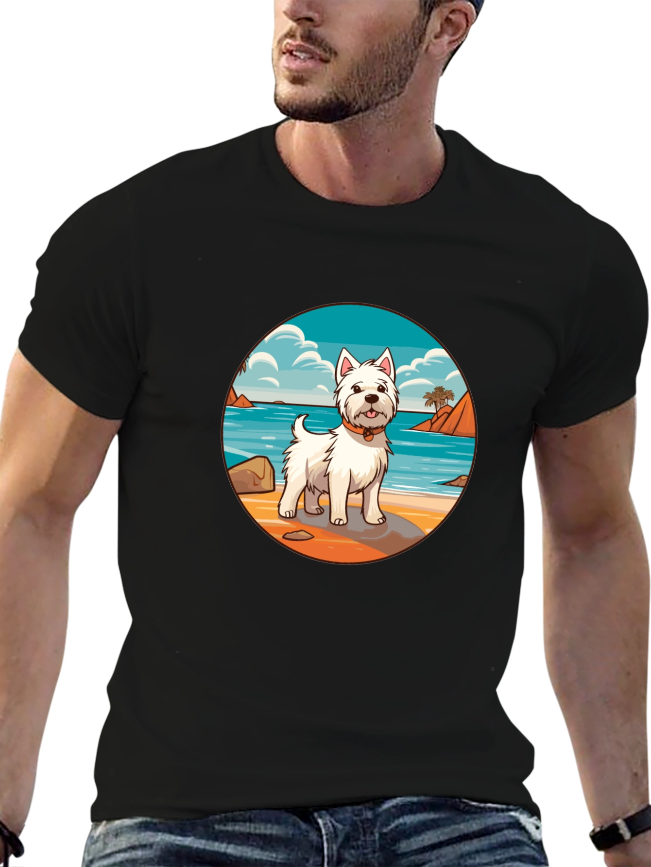 Westie Dog Beach Scene Graphic T-Shirt