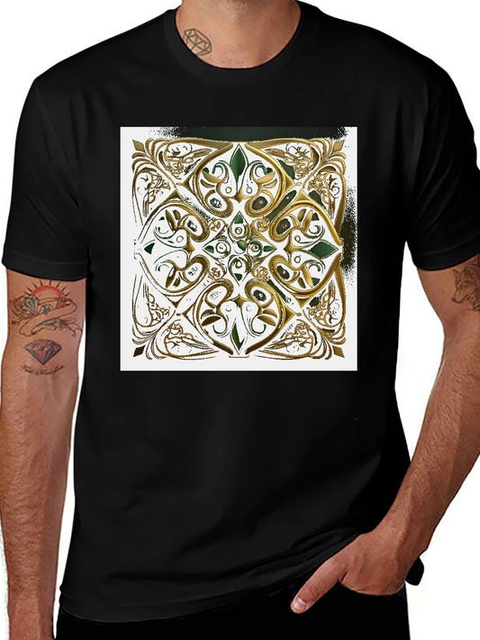 Ornate Gold & Green Design Black T-Shirt