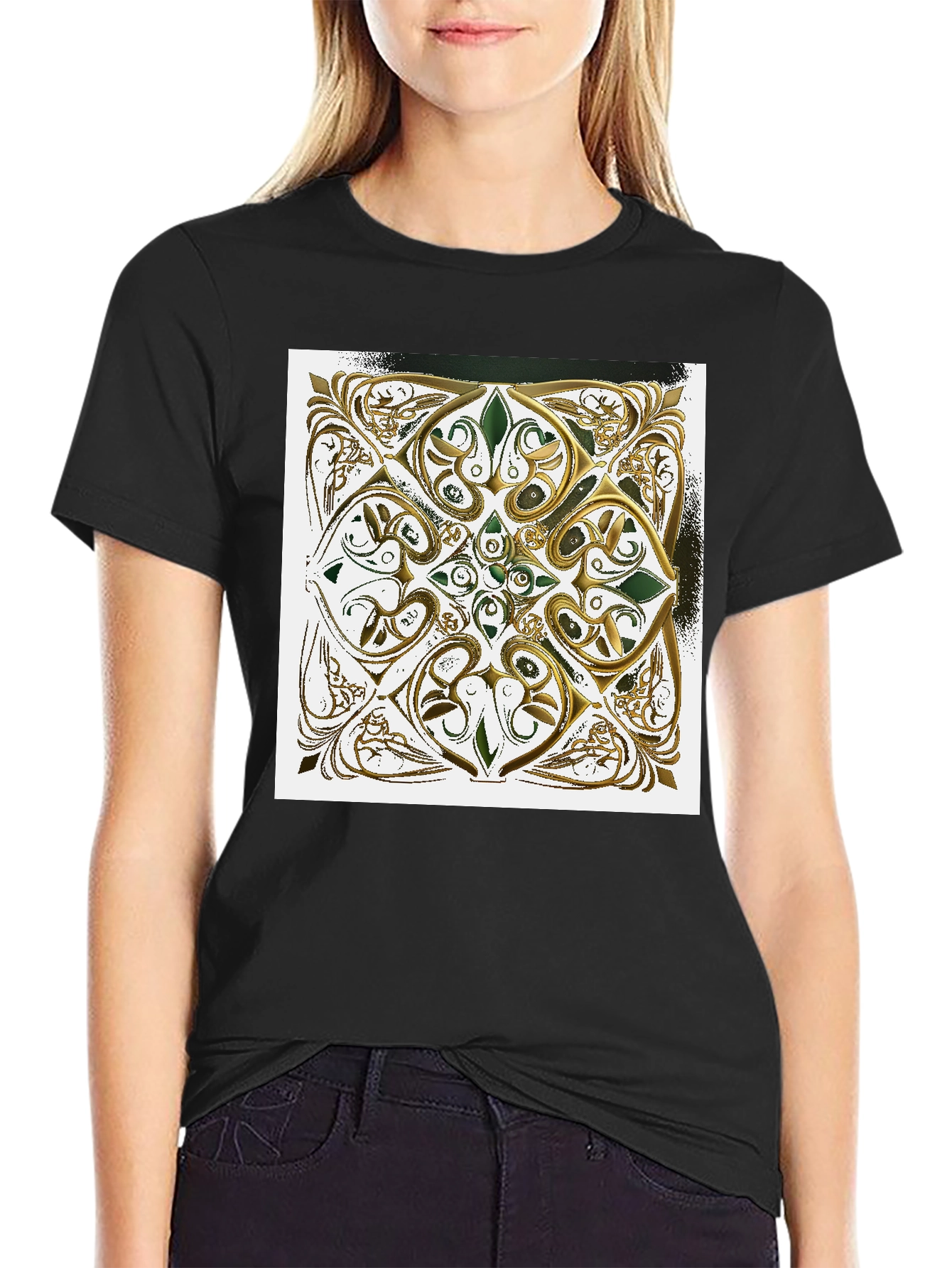 Ornate Gold & Green Design Black T-Shirt