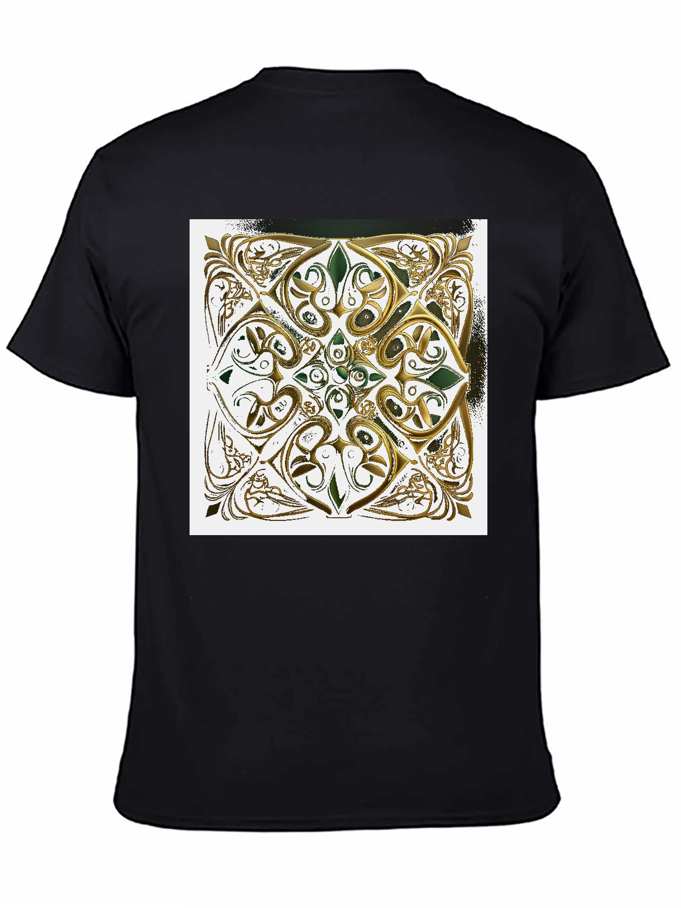 Ornate Gold & Green Design Black T-Shirt