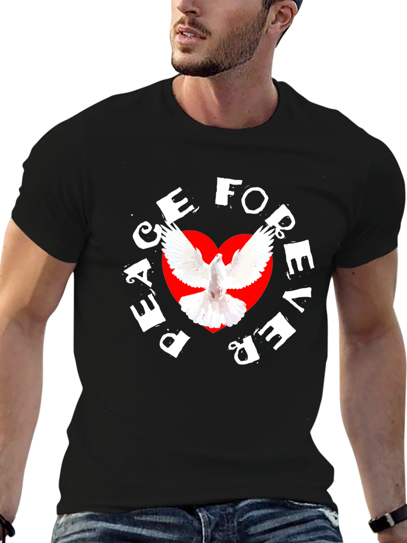Peace Forever Black T-Shirt with Dove Graphic