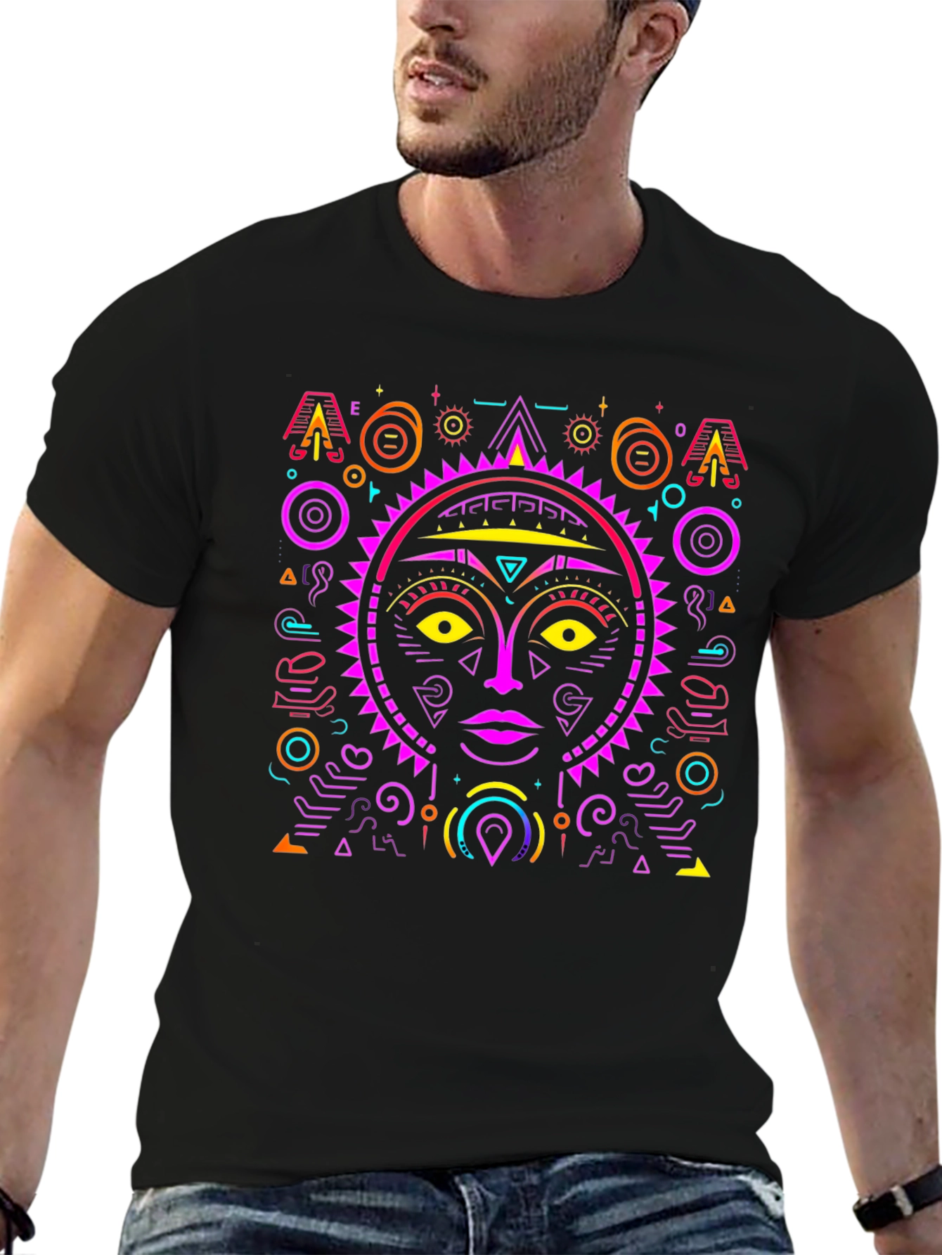 Abstract Sun Face Graphic Tee - Stylish & Unique