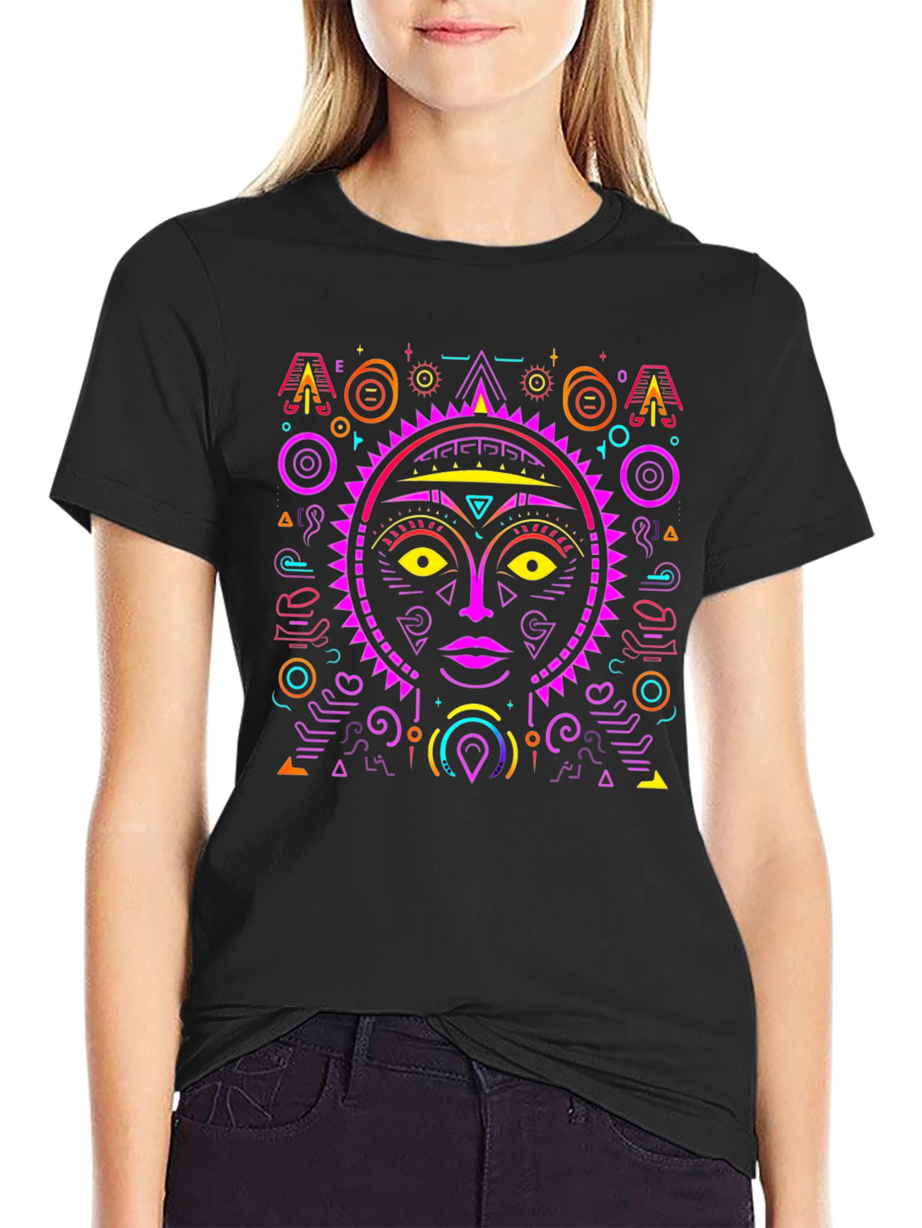 Abstract Sun Face Graphic Tee - Stylish & Unique