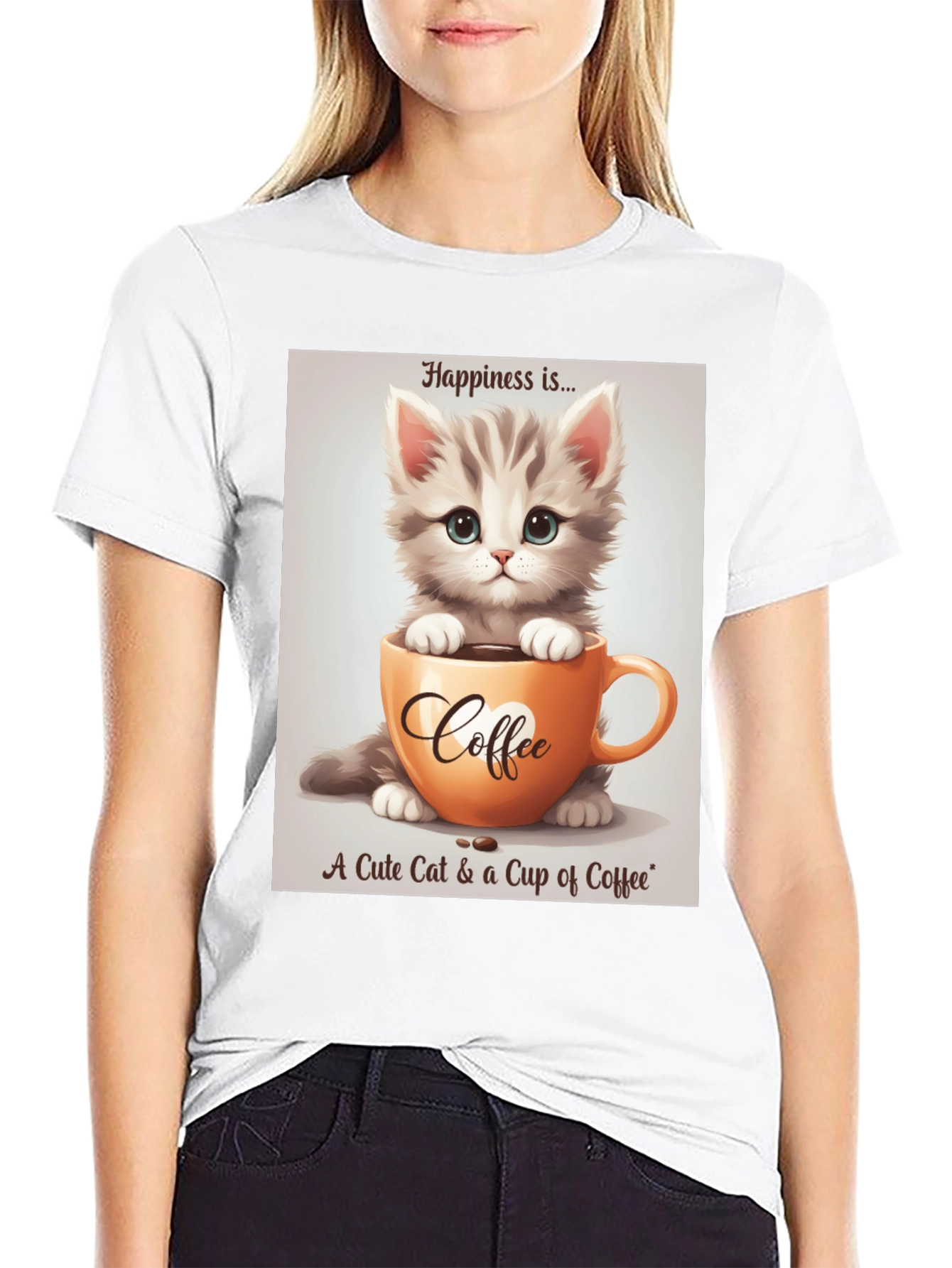 Cute Kitten and Coffee T-Shirt - Happiness Is...
