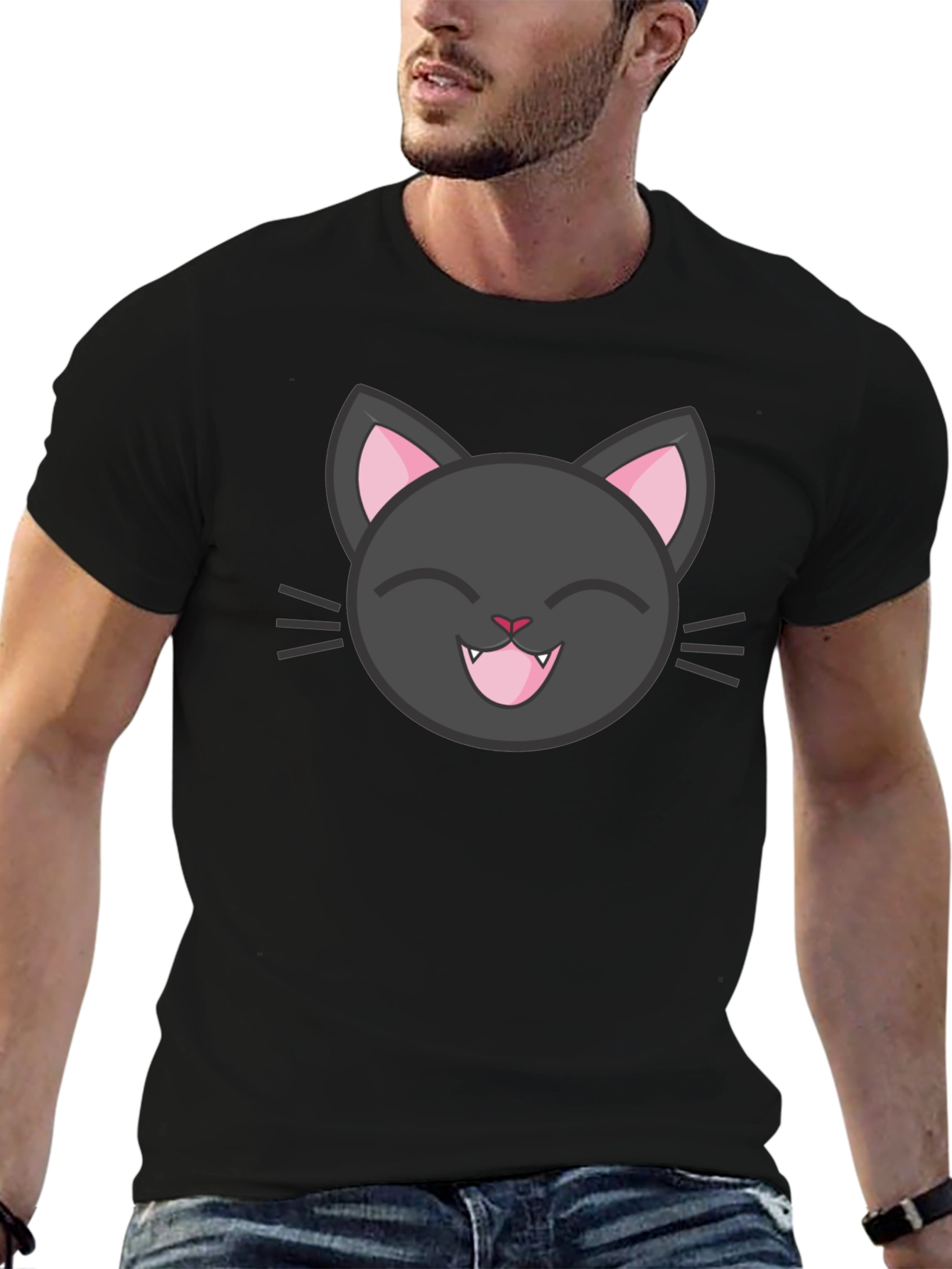 Cute Black Cat Tee - Smiling Feline Graphic T-Shirt