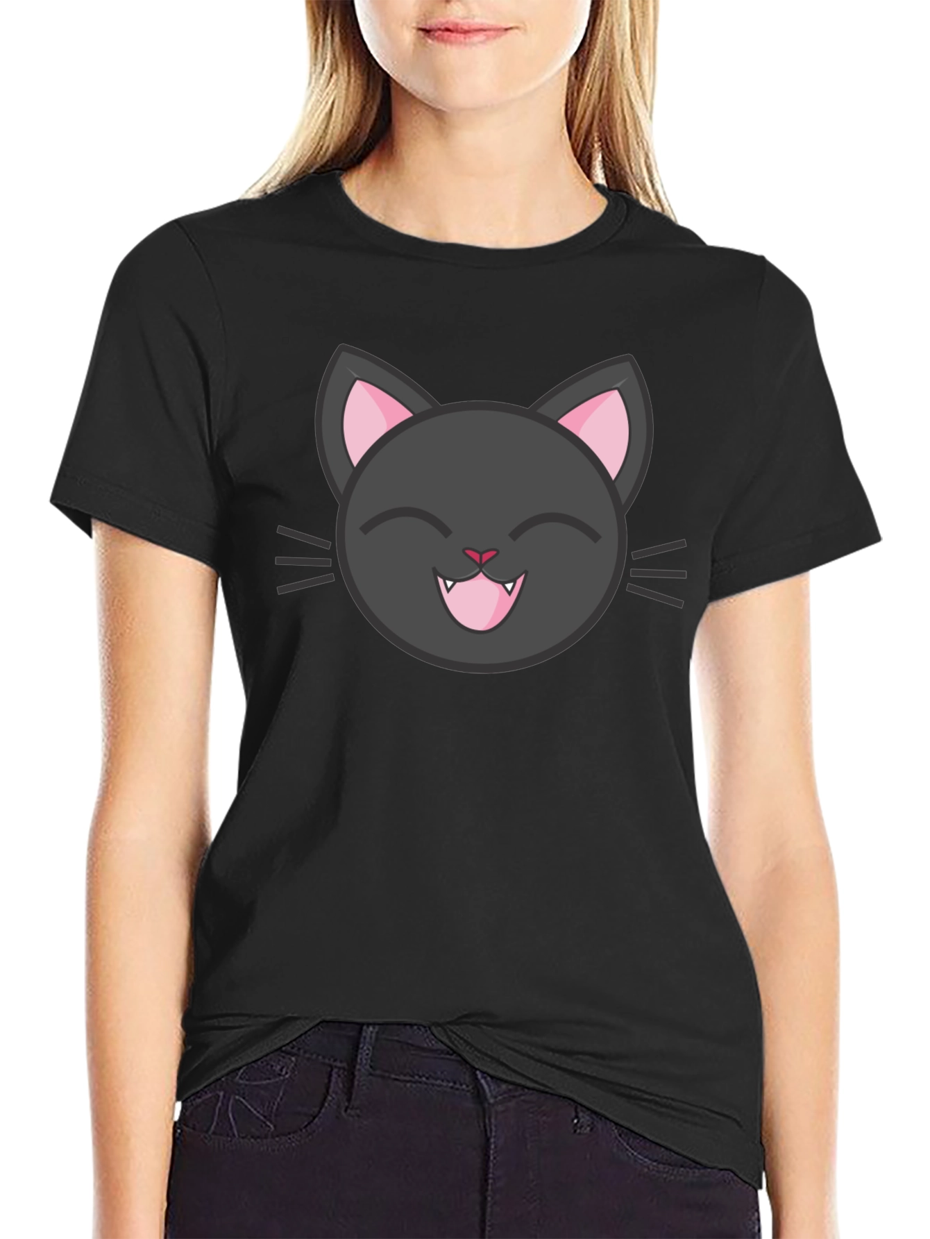 Cute Black Cat Tee - Smiling Feline Graphic T-Shirt