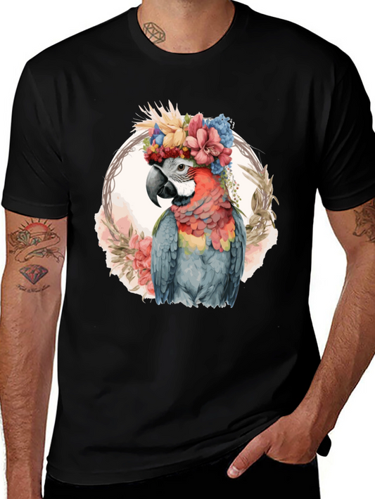 Floral Parrot Graphic Tee - Stylish Mens Black T-Shirt