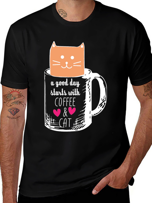 Coffee and Cat Graphic T-Shirt