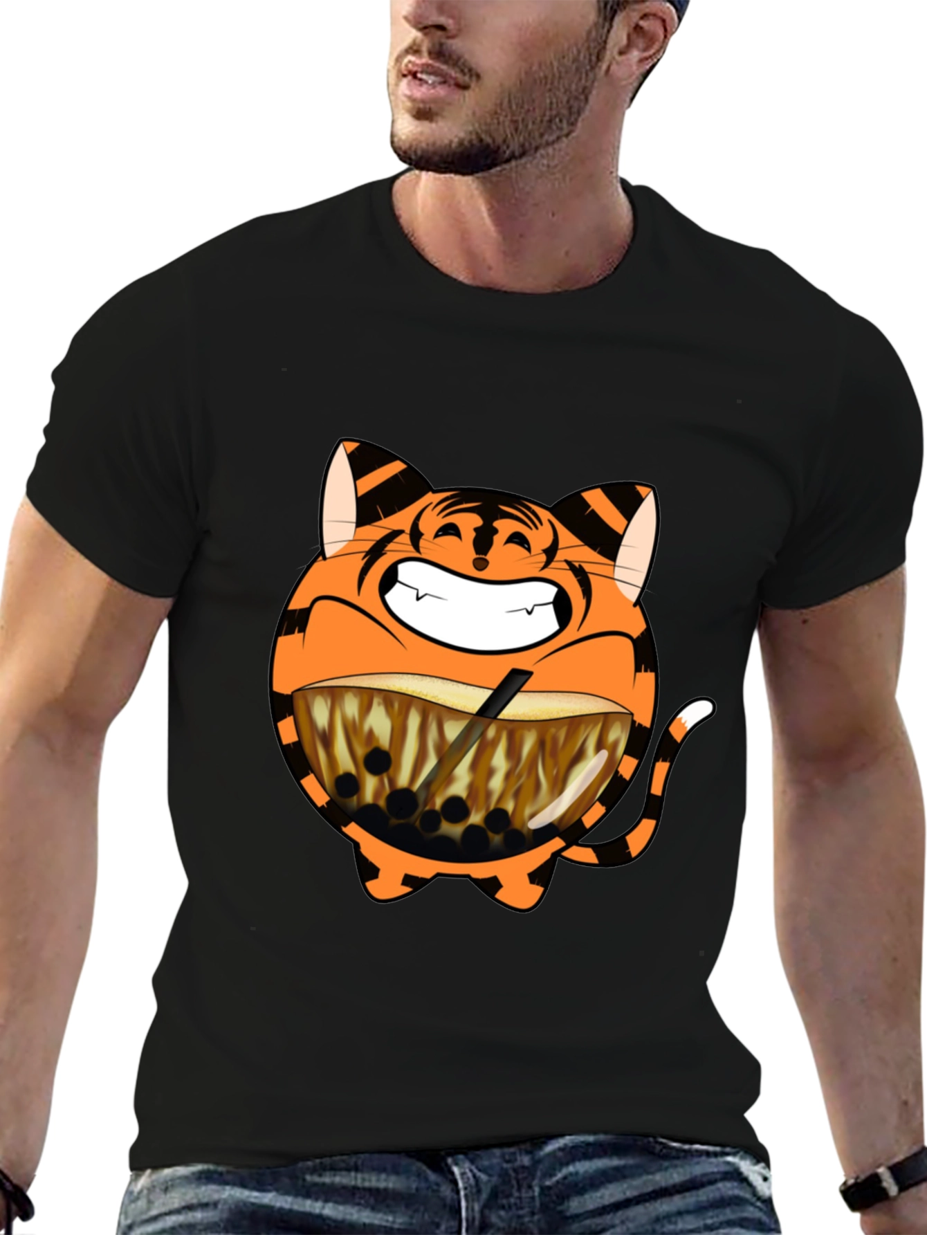 Tiger Boba Tea Graphic T-Shirt - Black
