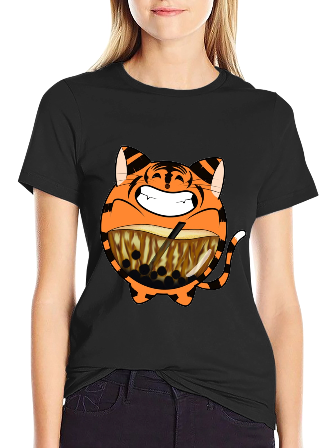 Tiger Boba Tea Graphic T-Shirt - Black
