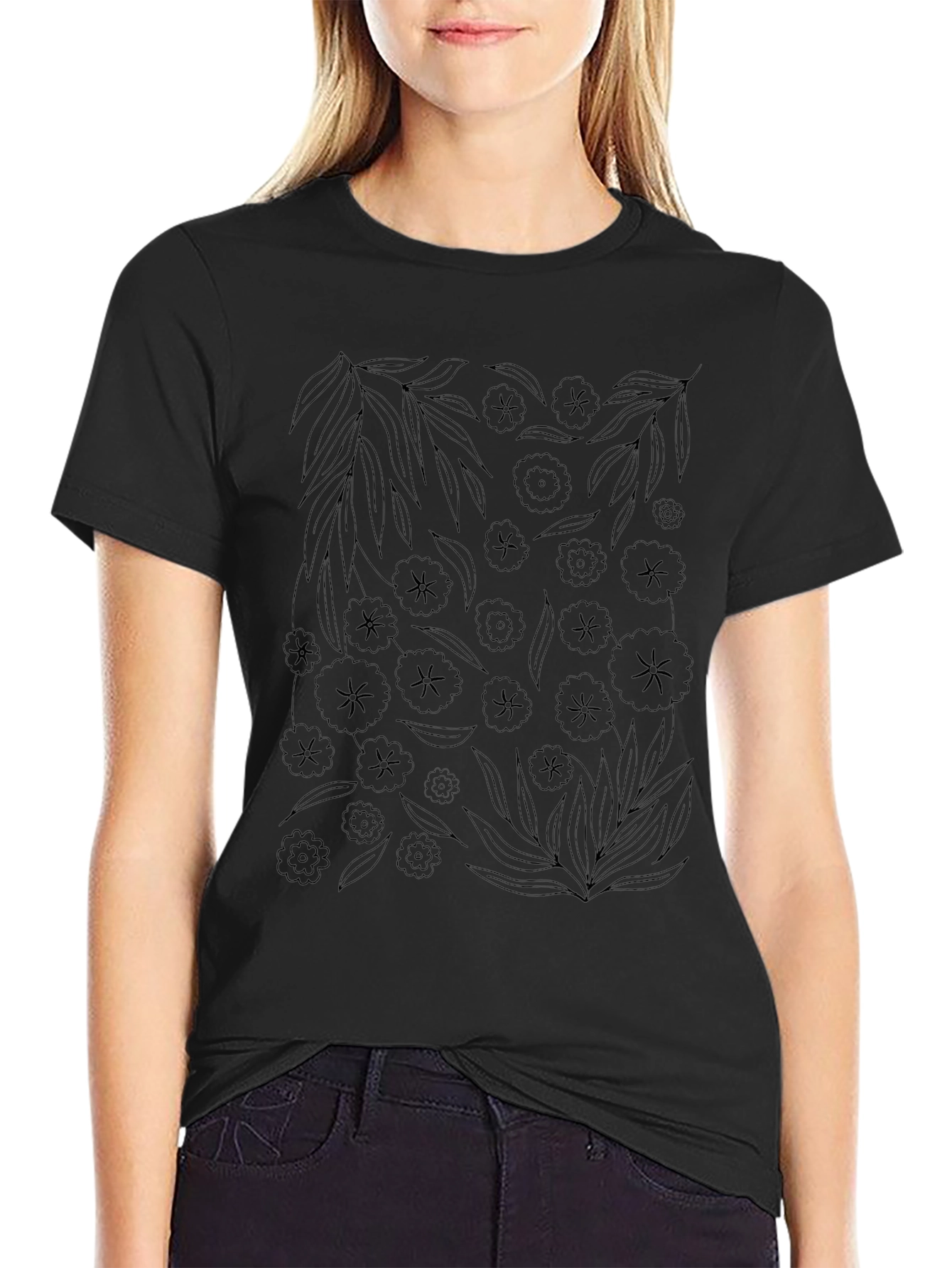 Floral Print Black Crew Neck T-Shirt