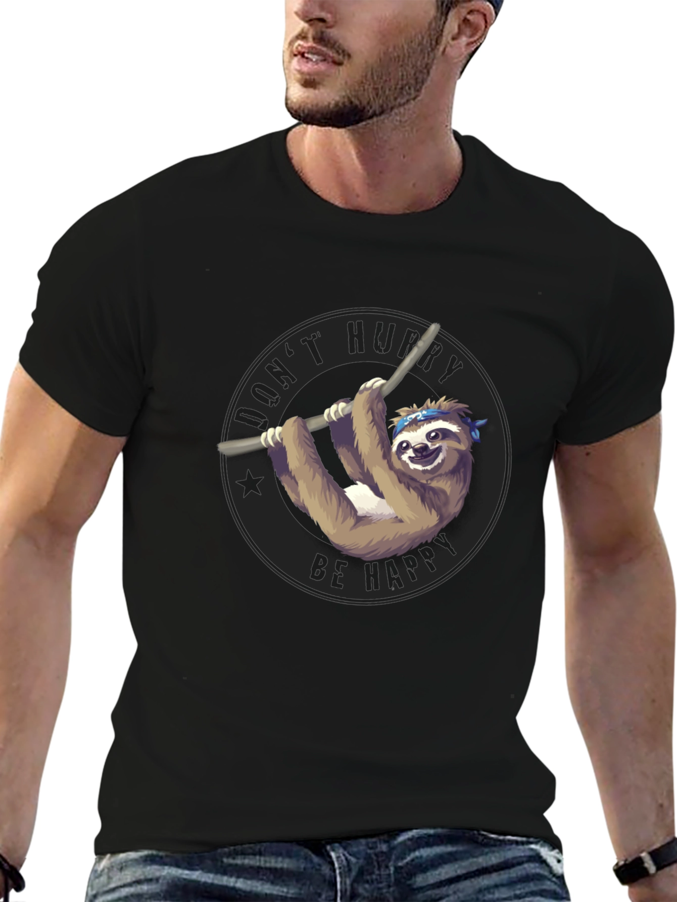 Mens Black T-Shirt Sloth Graphic Tee