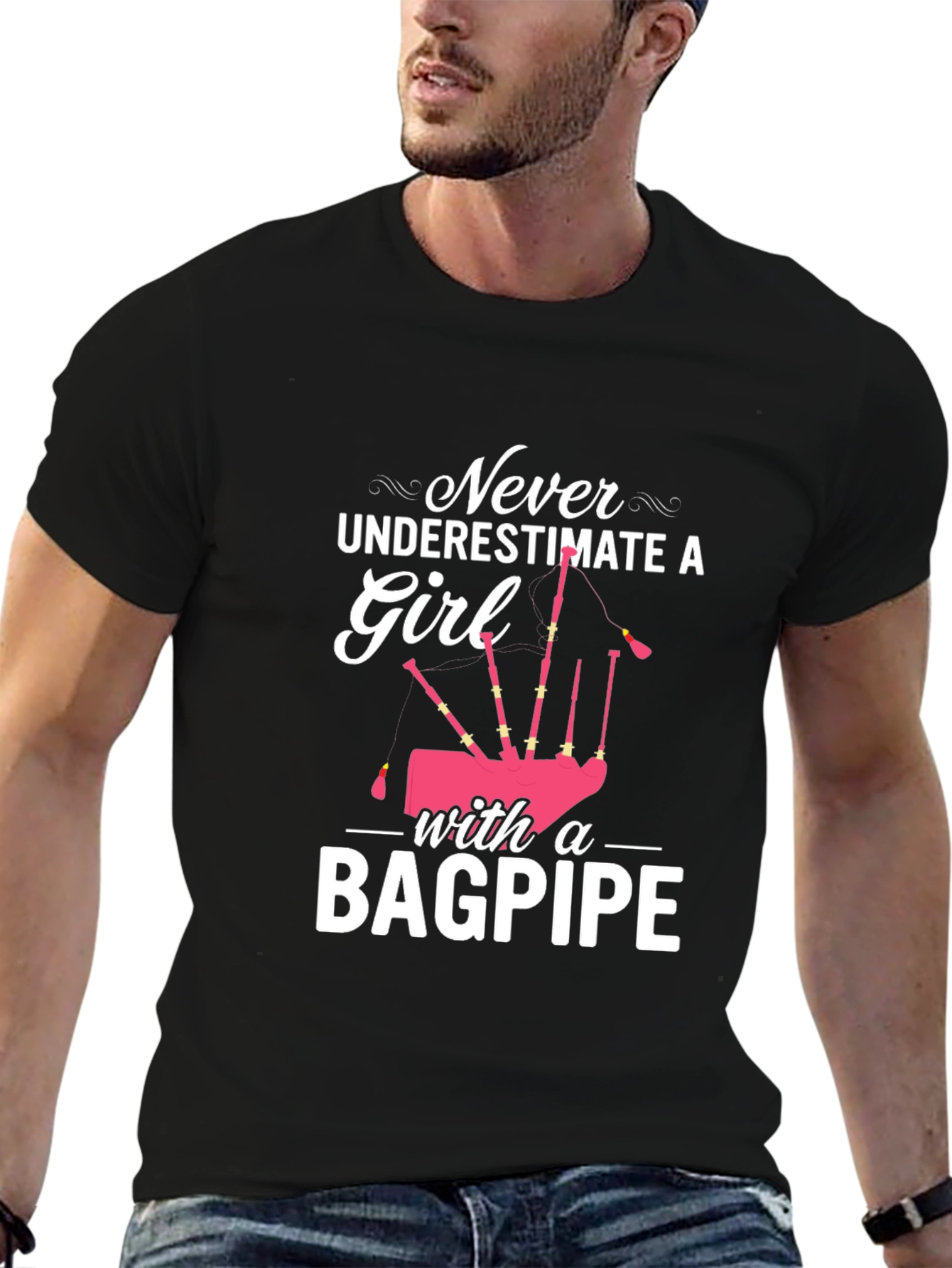 Never Underestimate Girl with Bagpipe Black T-Shirt