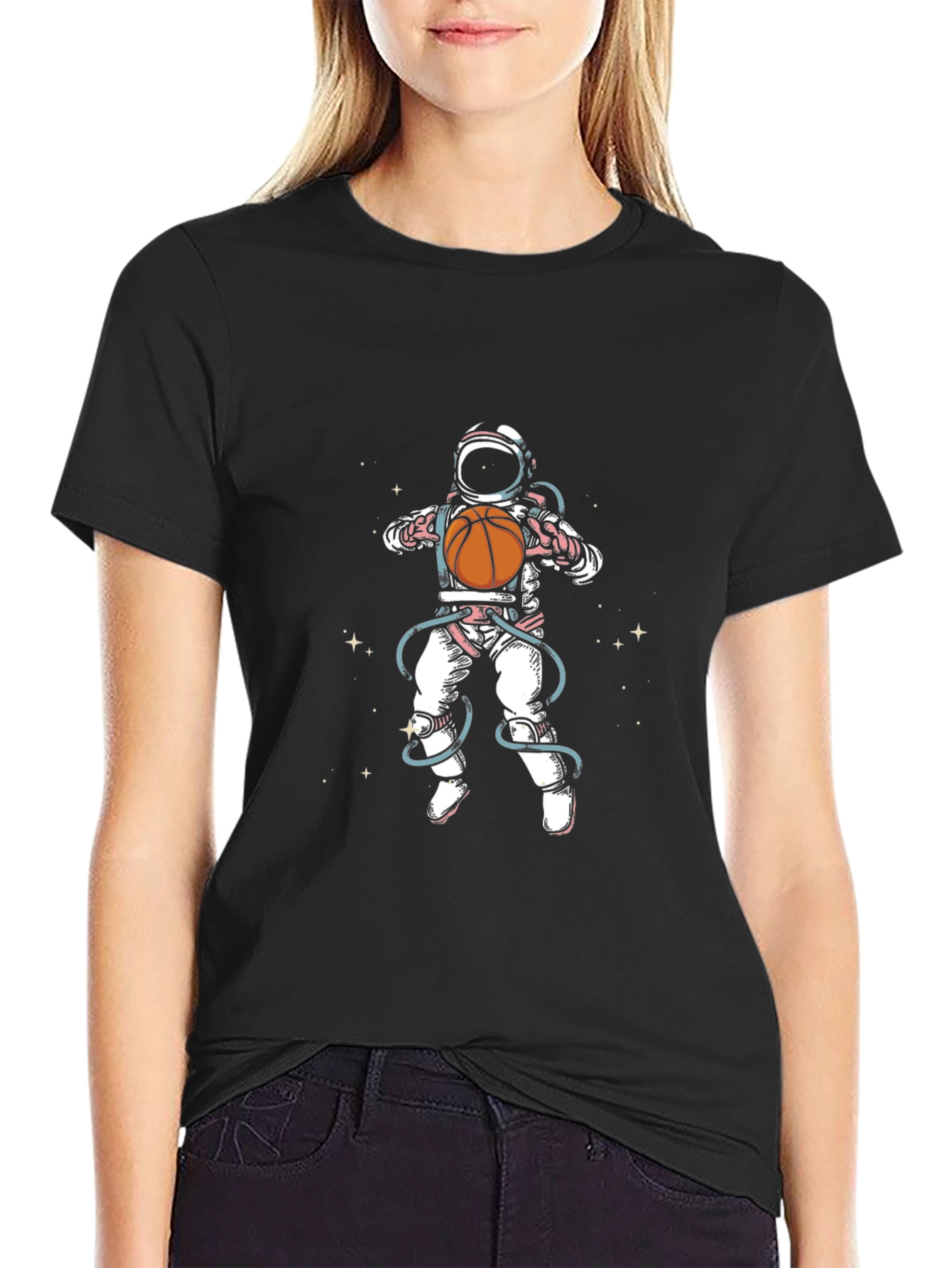Astronaut Basketball Graphic Tee - Black Cotton Blend