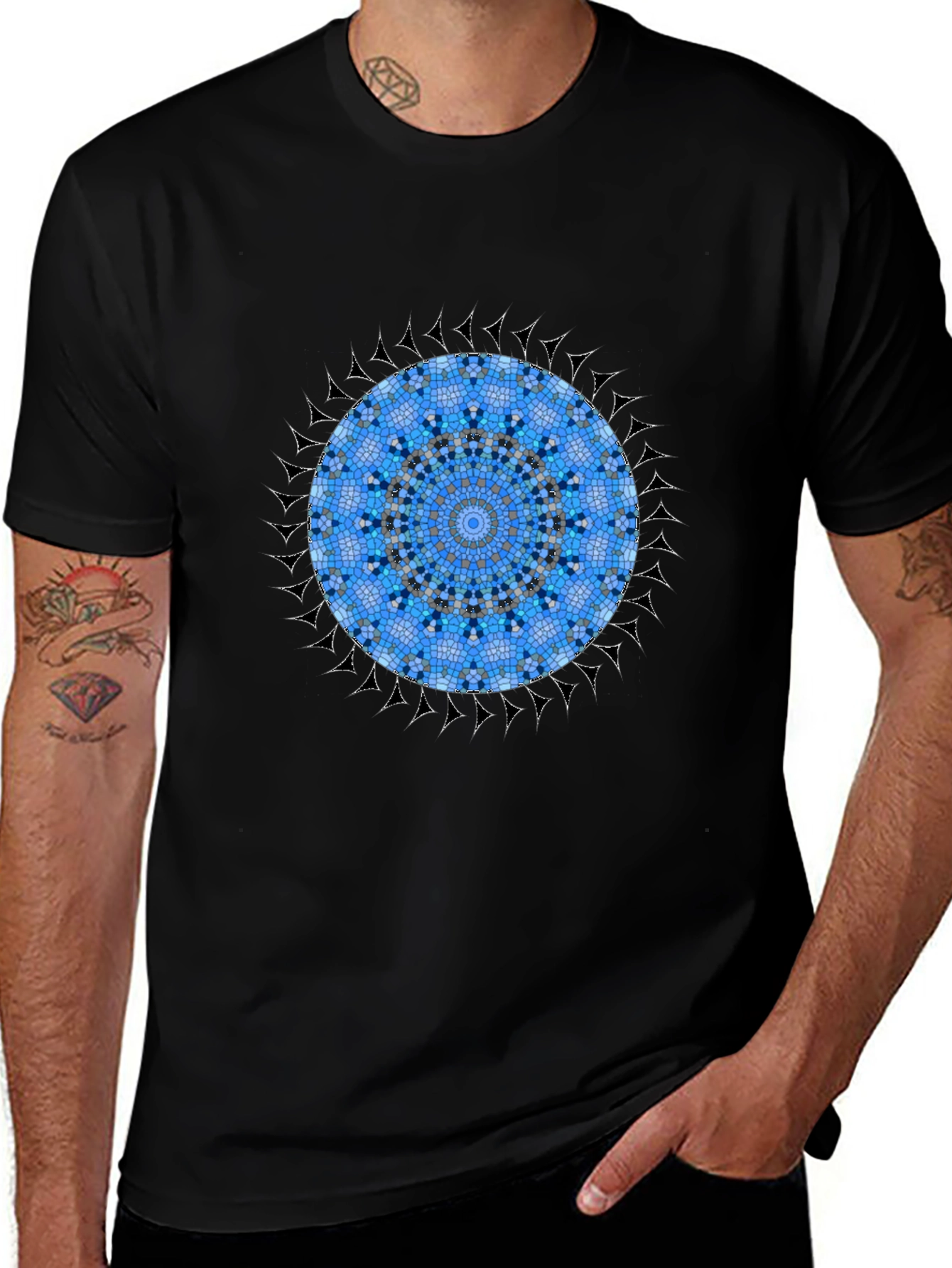 Blue Mosaic Mandala Graphic Black T-Shirt