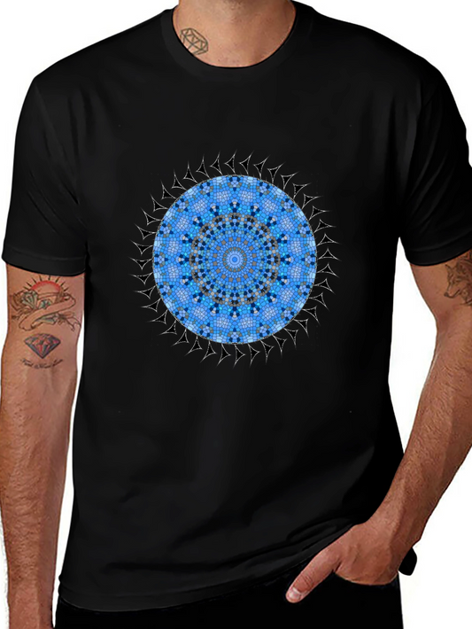 Blue Mosaic Mandala Graphic Black T-Shirt