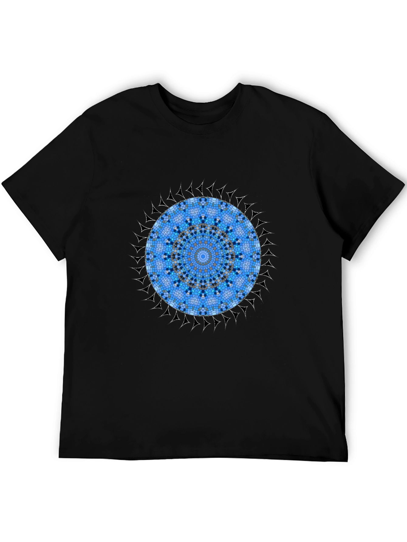 Blue Mosaic Mandala Graphic Black T-Shirt