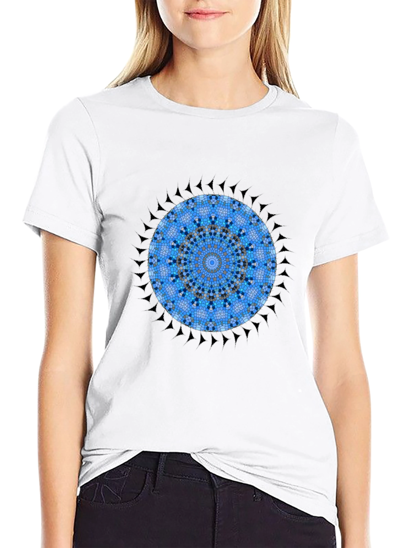 Blue Mosaic Mandala Graphic Black T-Shirt