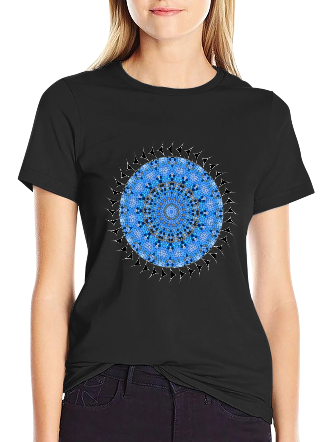 Blue Mosaic Mandala Graphic Black T-Shirt