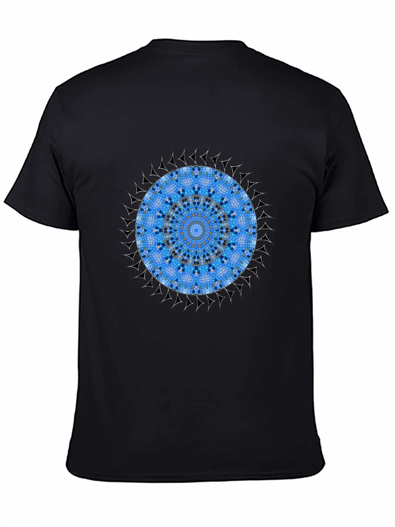 Blue Mosaic Mandala Graphic Black T-Shirt