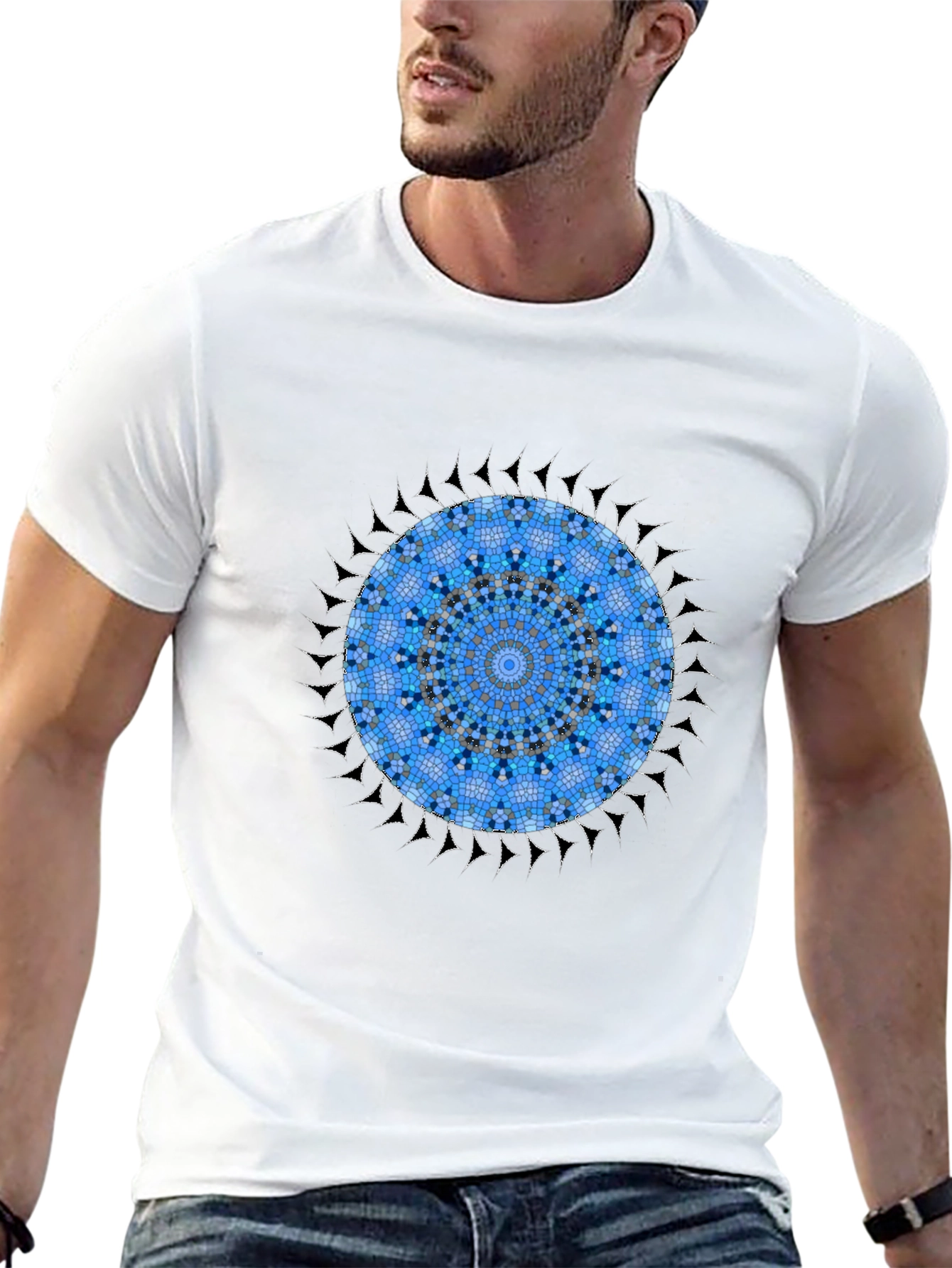Blue Mosaic Mandala Graphic Black T-Shirt