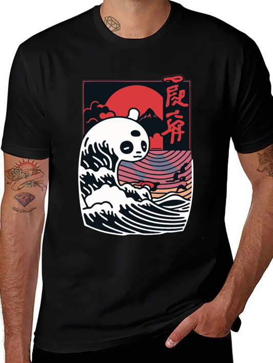 Panda Wave Graphic Tee - Stylish Mens Black T-Shirt