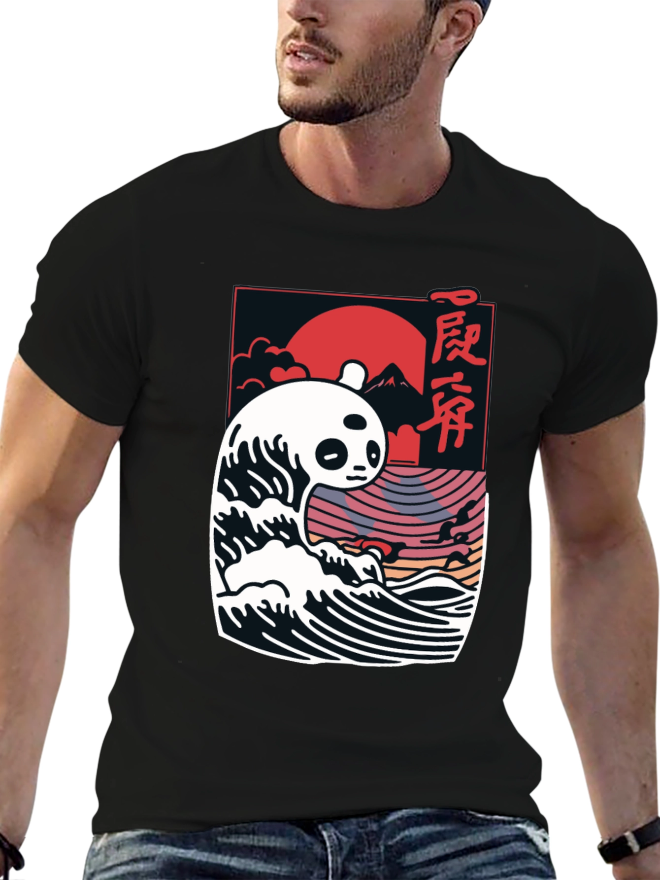 Panda Wave Graphic Tee - Stylish Mens Black T-Shirt