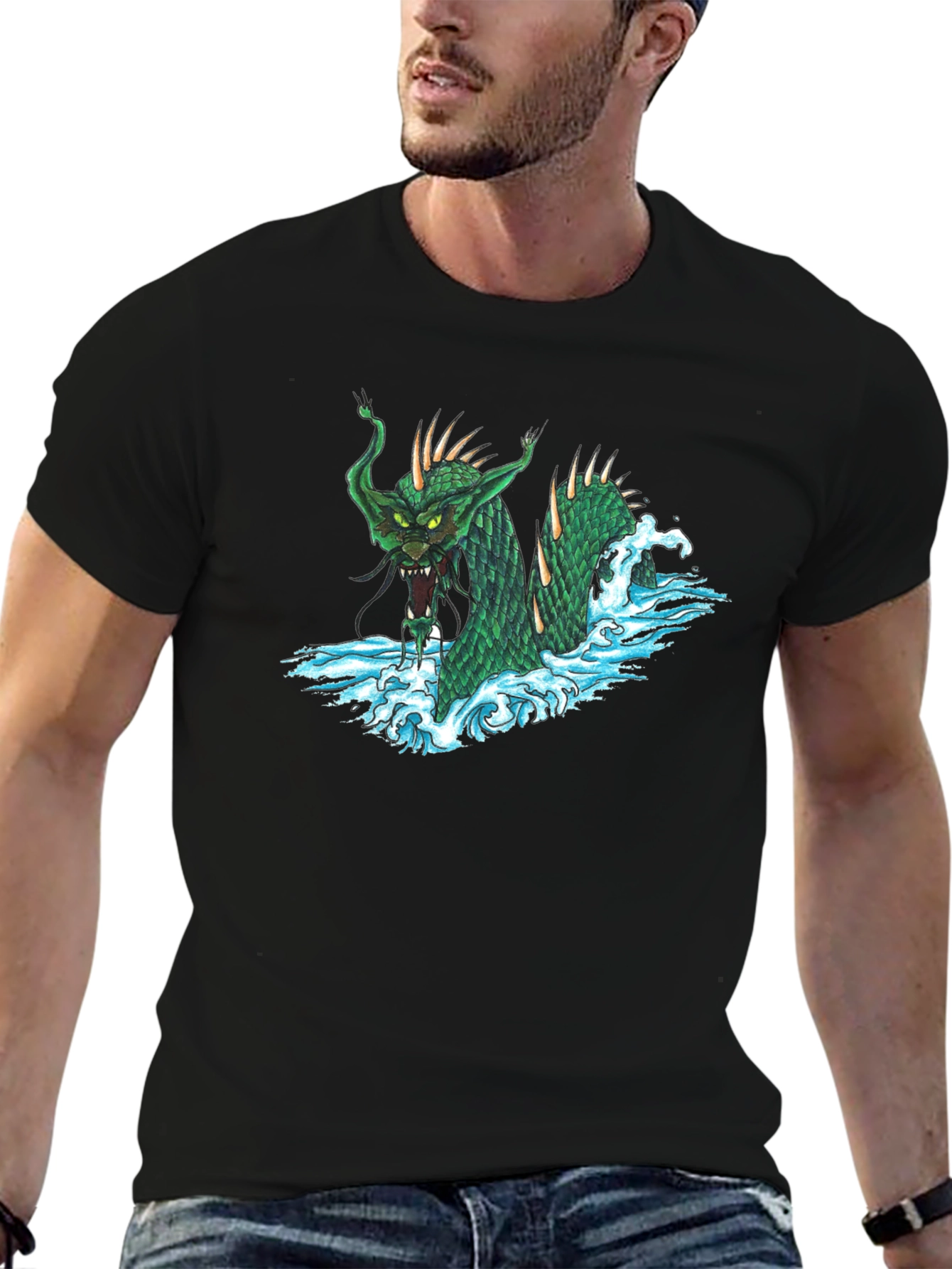Sea Serpent Graphic Tee - Black Cotton T-Shirt